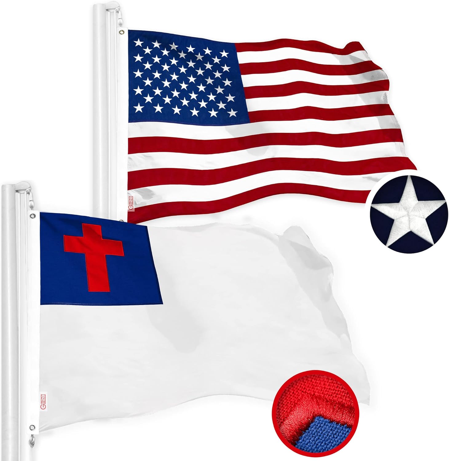 G128 Combo Pack: American USA Flag 2x3 Ft & Christian Flag 2x3 Ft | Both StormFlyer Series Embroidered 220GSM Spun Polyester, Brass Grommets