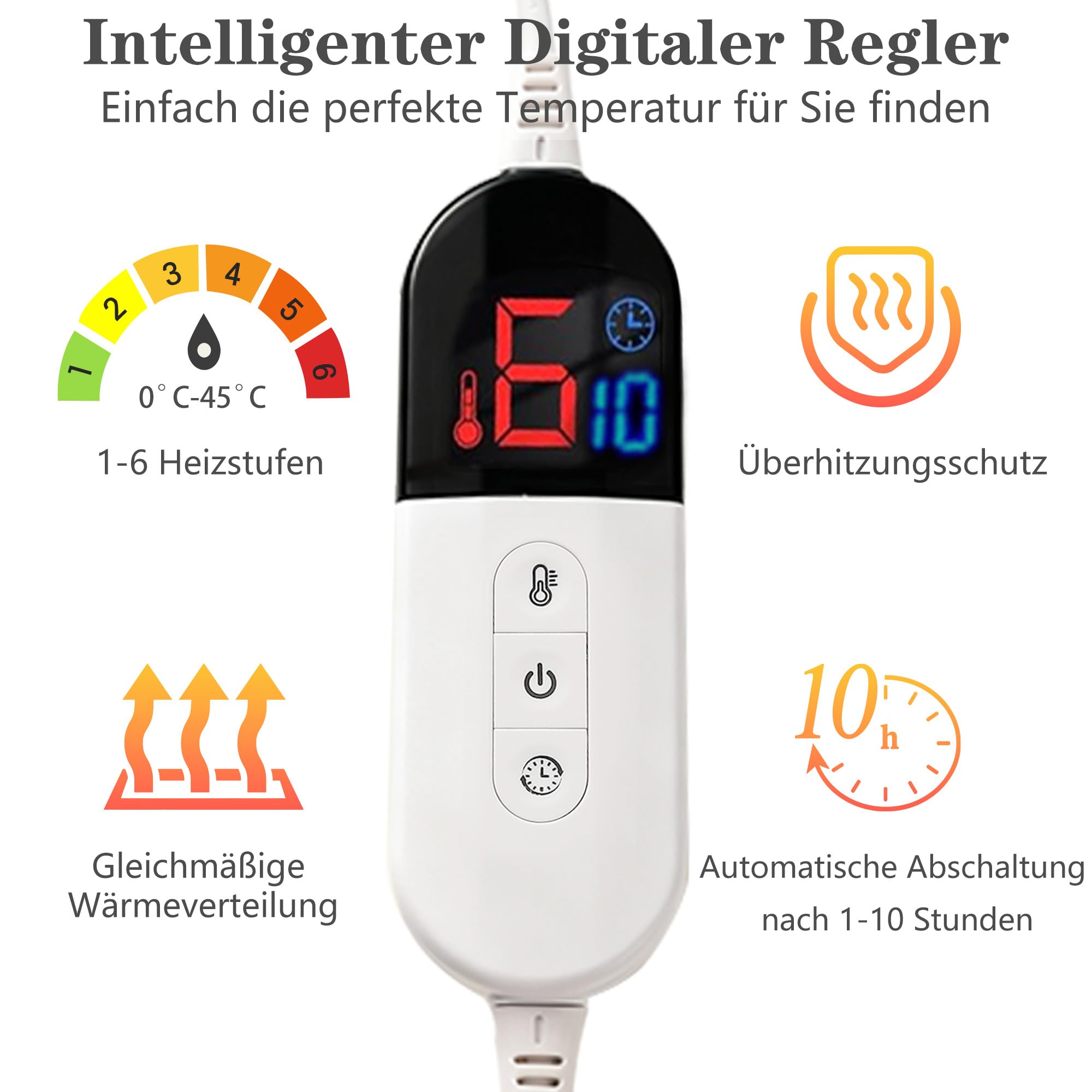 COZYTY Heizdecke mit Abschaltautomatik 130x180cm – Flanell Elektrische Wärmedecke, 6 Heizstufen &10-Std. Abschalt-Timer, Überhitzungsschutz, Maschinenwaschbar, Grau