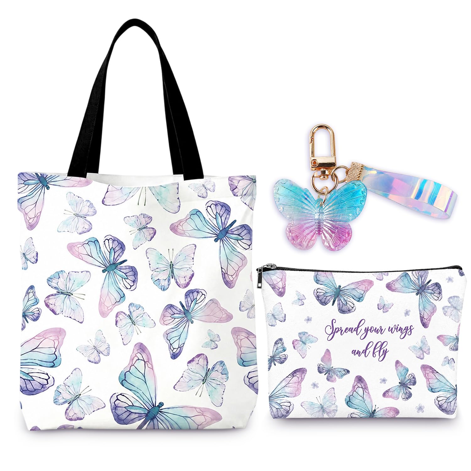 3Pcs Butterfly Canvas Tote Bag with Inner Pocket for Women Girls
