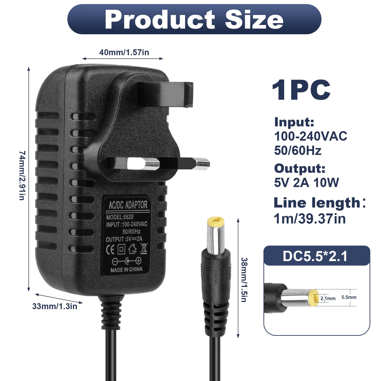 5V 2A Power Adapter, 10W AC 100-240V 50 60Hz to DC 5V 2A Power Supply Wall Plug Charger for LED Strip CCTV Router Speakers Lights Box Audio Video Universal Switching Adaptor with 5.5x2.1mm — view 3