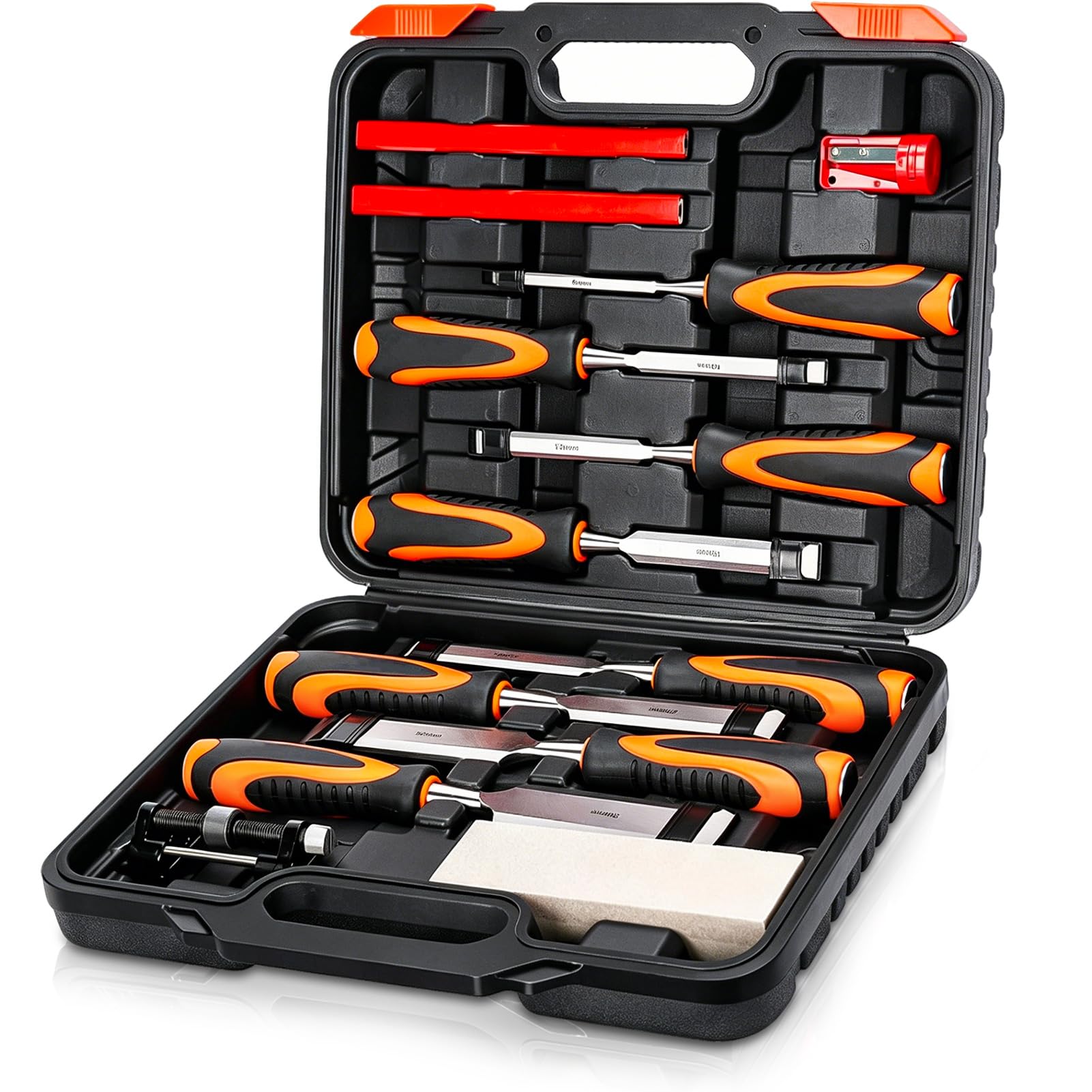13 Stück Stechbeitel Set Für Holz Profi, 8 Stück Holzbearbeitungswerkzeuge 6-38mm Full Size Chisel Set mit Honing Guide, Schleifstein, Tischler Stifte und Tragetasche & Ergonomischer Griff Für Holzbea
