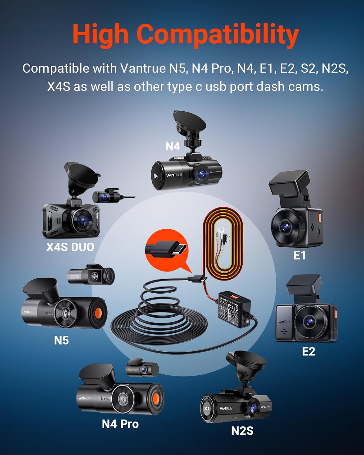 Vantrue 3-Lead Acc 14.8ft USB C Hardwire Kit for Dash Cam, 5 Low Voltage Protection Options with Shifting Gear for Parking Mode, 12V-24V to 5V for E1 Pro,N4(S),N4 ProS,N5(S),E360,S1 Pro(Max),N2X,E2