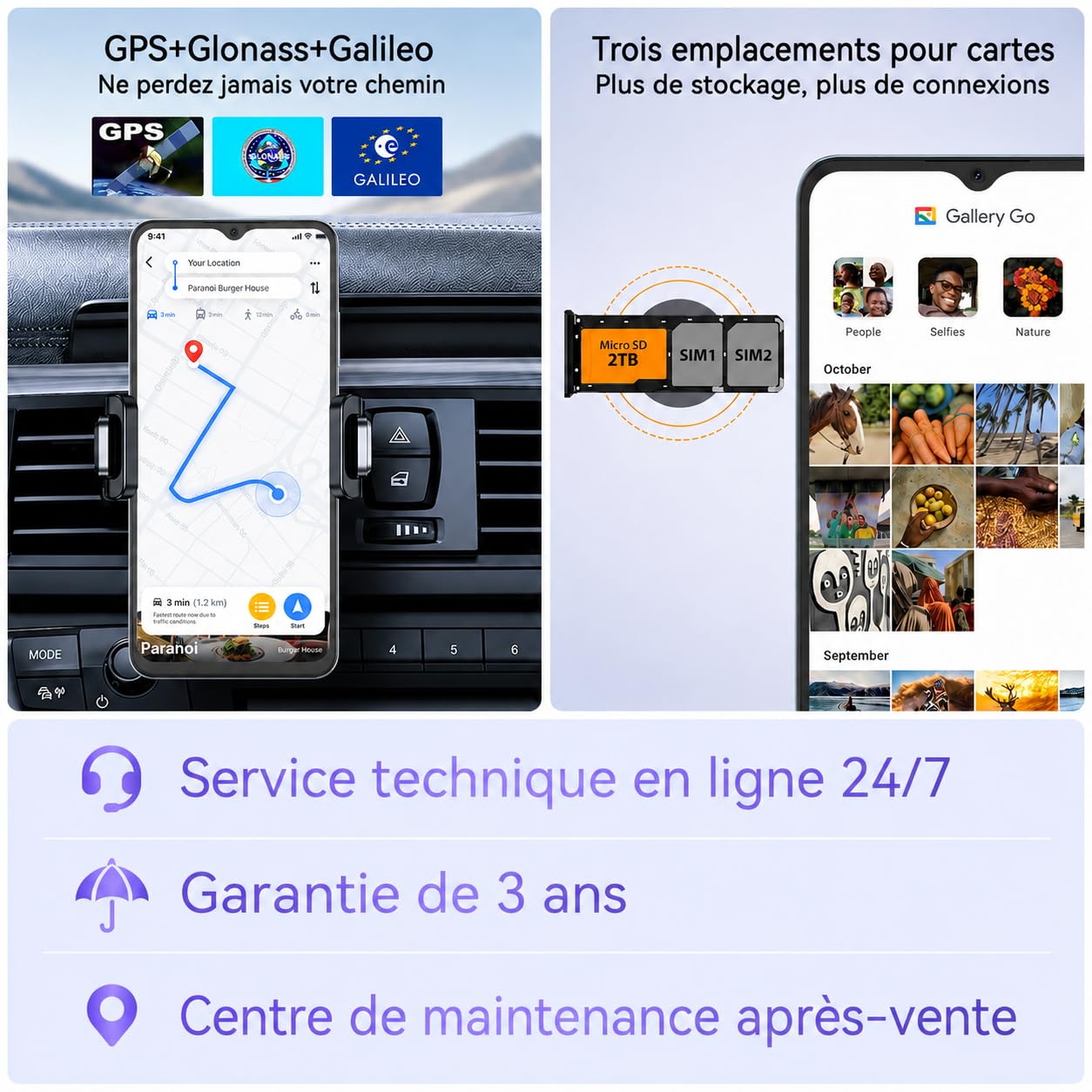 Telephone Portable Android, 6Go+64Go/TF 2To, Octa Core, Écran 6.56" HD+, Batterie 5000mAh Smartphone, 13MP+8MP, Smartphone Pas Cher 4G Dual SIM, Face ID/GPS/3Ans De Garantie - Bleu