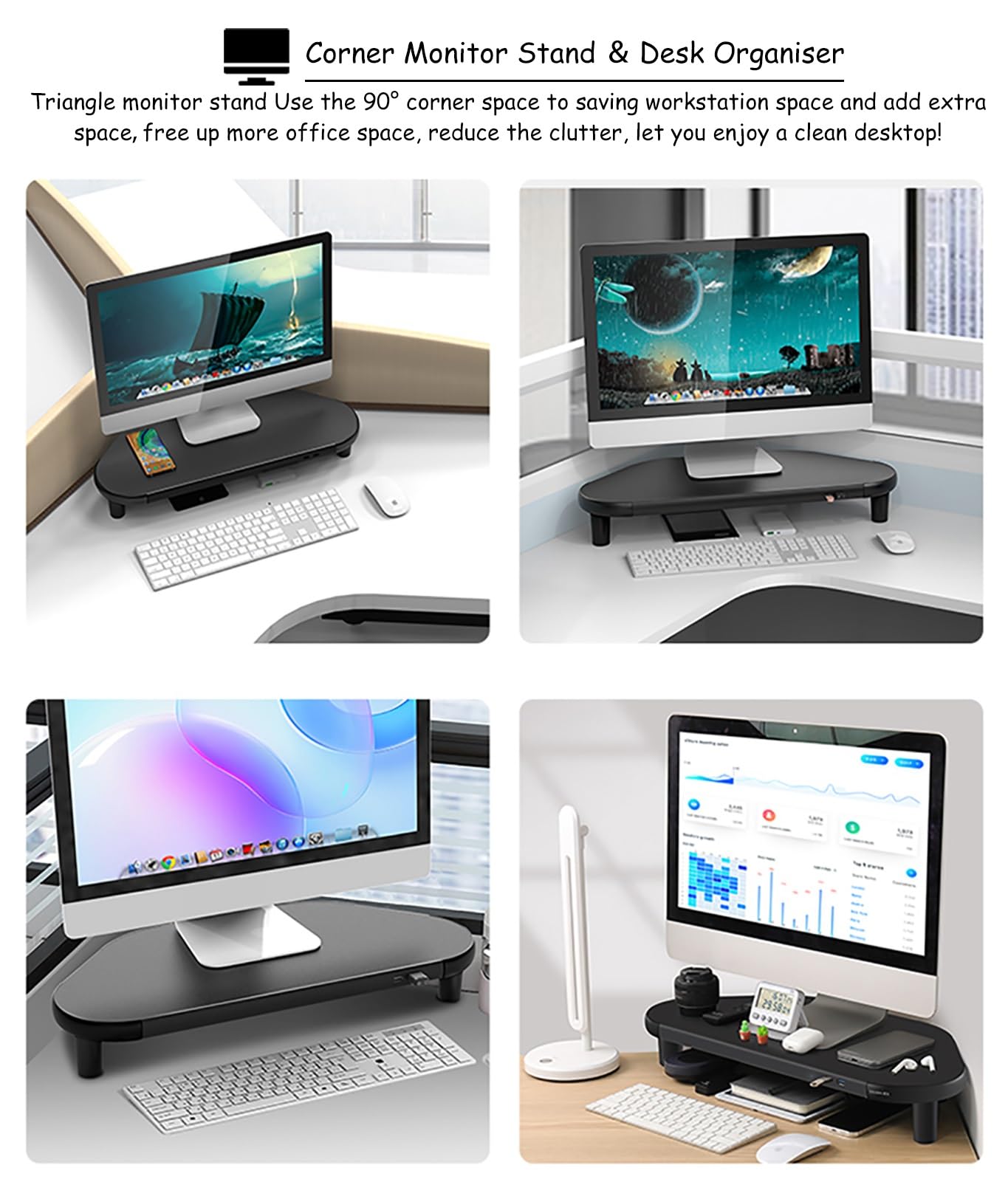 Supporto per Monitor angolare Nero con Supporto per Schermo USB, Supporto da scrivania angolare per Tablet/Cellulare/Monitor, Organizer ergonomico per scrivania da uffici