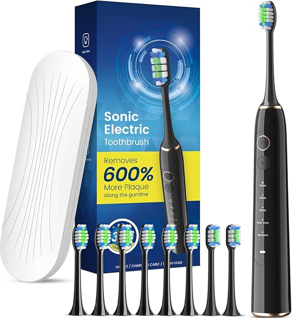 Sonic Toothbrush, Electric Toothbrushes Adults with 8 Dupont Heads & Travel Case, 5 Modes & Smart Timer, USB Charging, Black