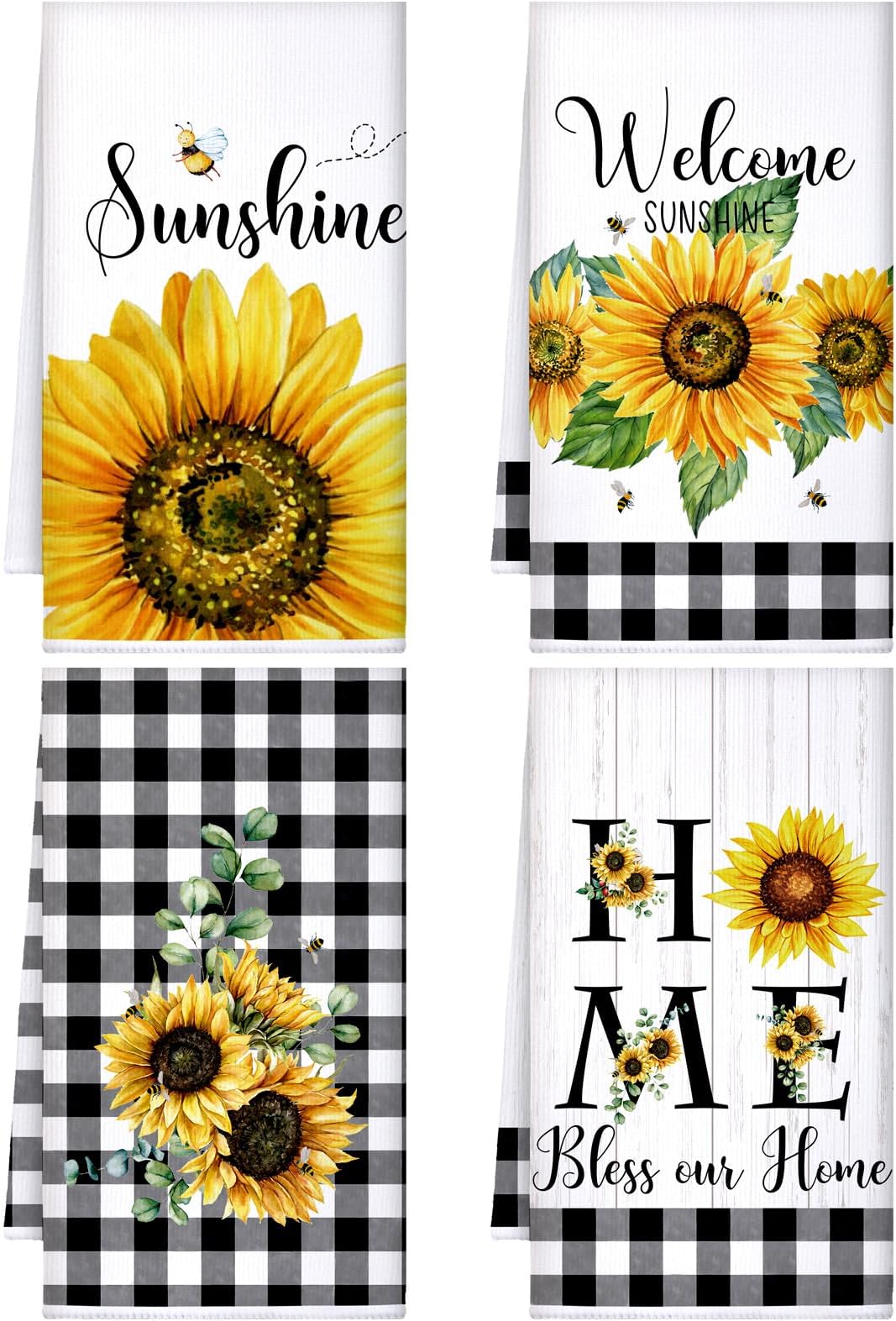Bencailor 4 Pcs Sunflower Kitchen Towels Spring Summer Gifts Sunflower Floral Hand Dish Towels Absorbent Sunshine Yellow Grid Fast Drying Decor Housewarming Gift for Cooking Bathroom Kitchen Decor