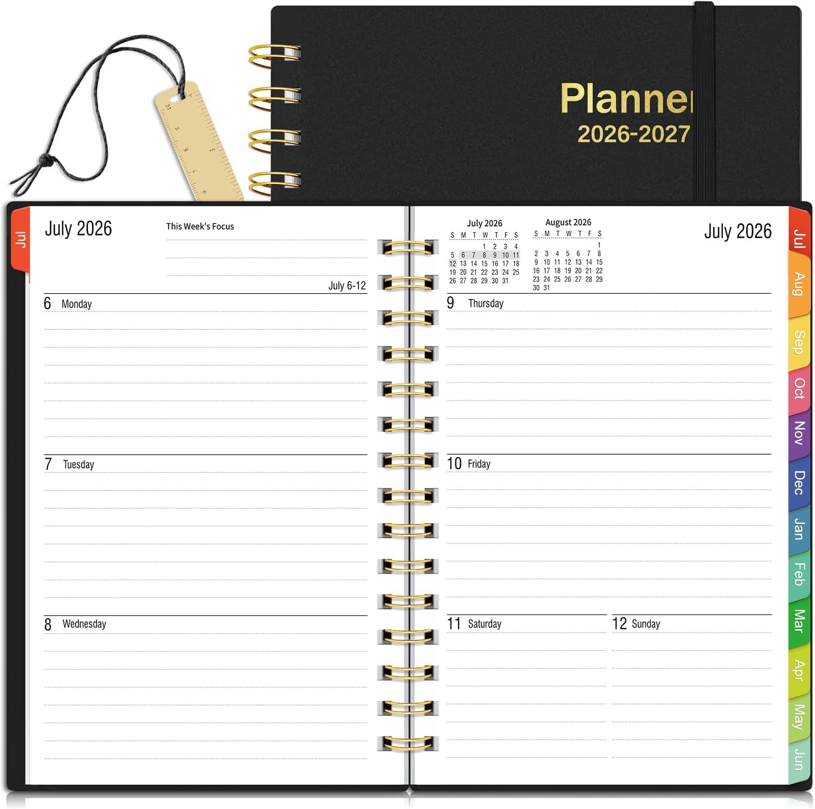 Daily Planner 2026-2027, 18 Month Planner with Tabs, January 2026 - June 2027 Weekly and Monthly Academic Year Calendar Spiral Time Management, 100GSM Thick Paper, Twin-Wire Binding, A5 Size, Black