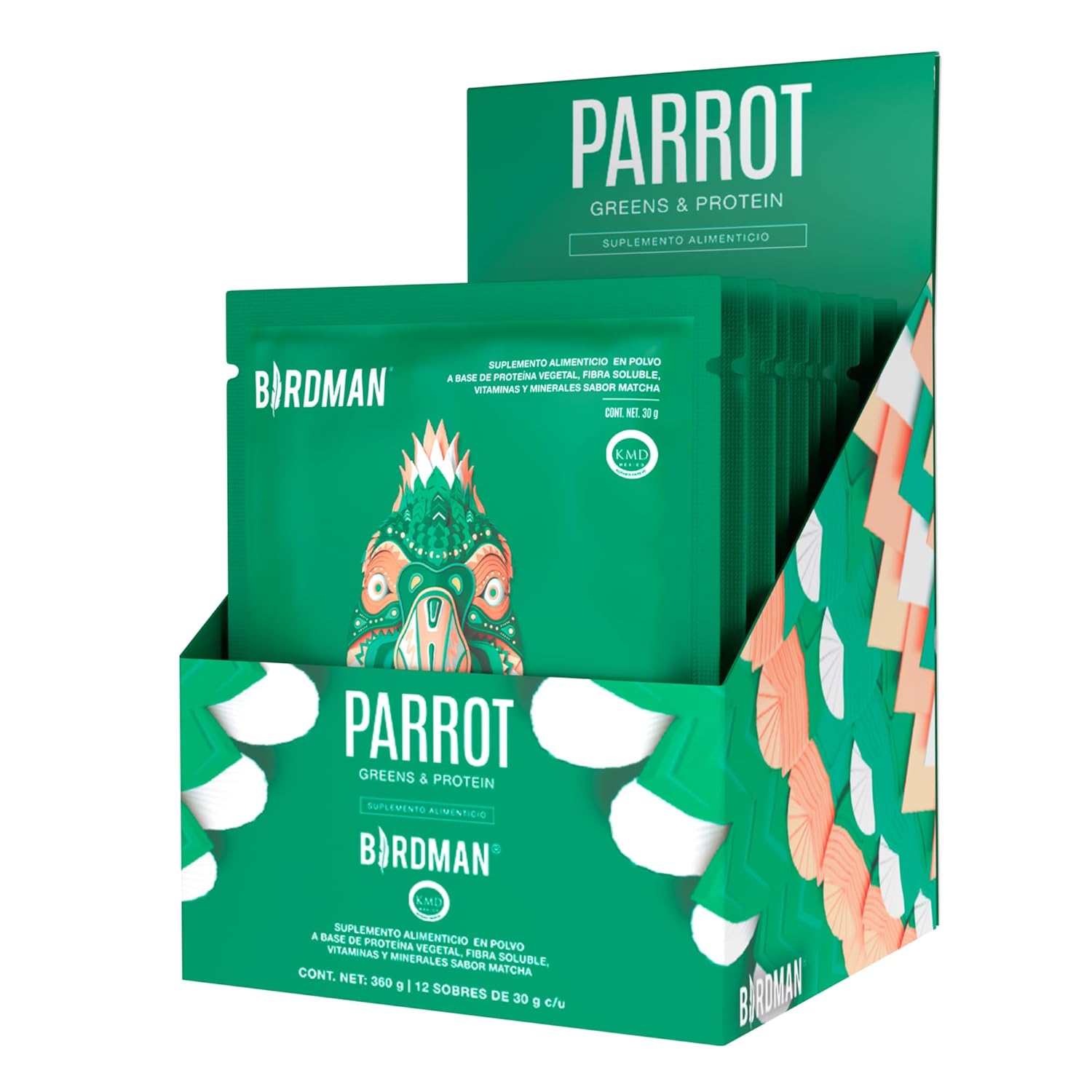 BIRDMAN Parrot Greens & Protein Super Alimento, Colacion De Verdes + Proteina En Polvo (Vegana) Certificado Kosher, Alto En Fibra Vitamina A, C, B9, Sabor Matcha | 12 Pack |...