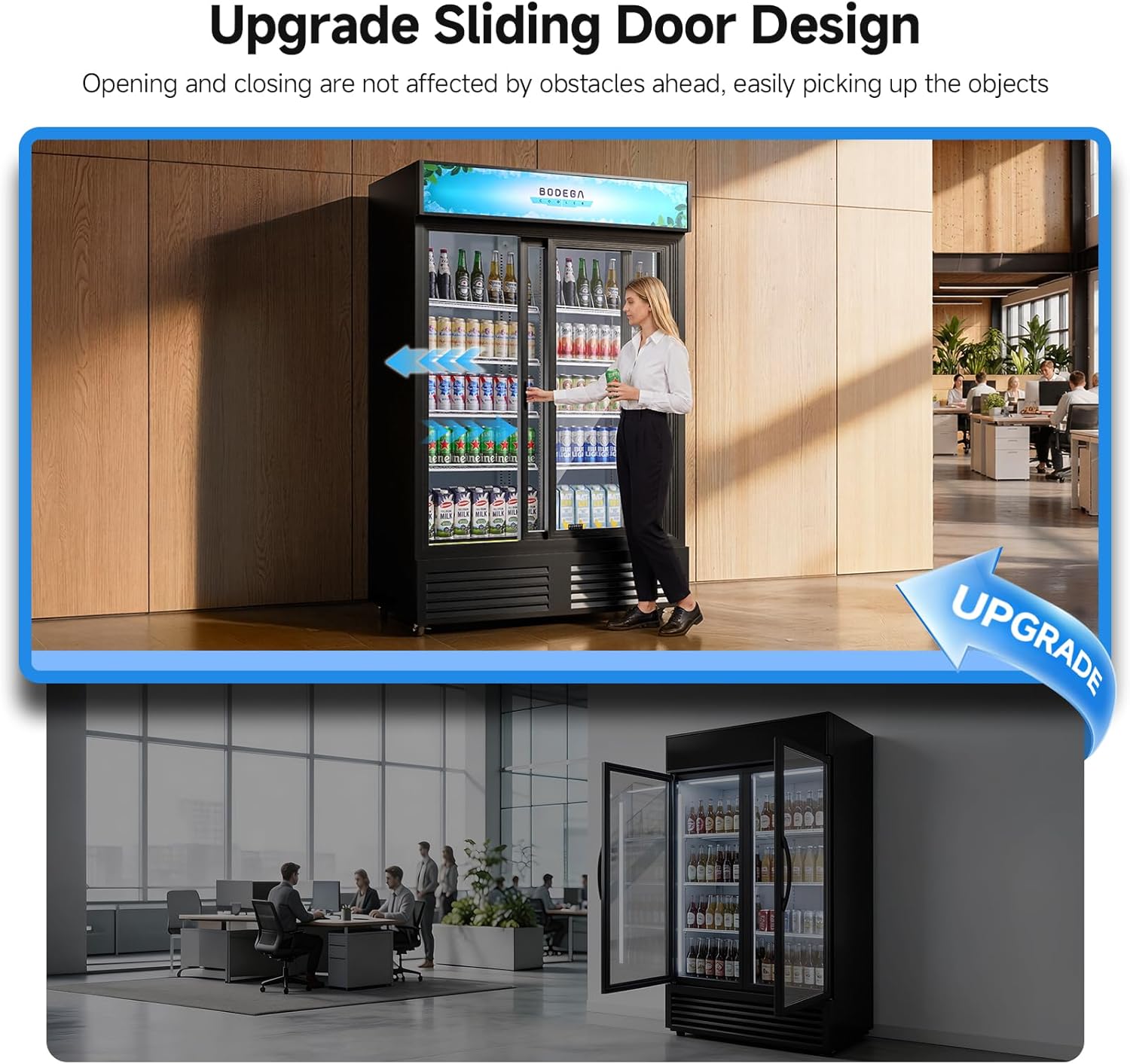 BODEGACOOLER Commercial Merchandiser Refrigerator, Upgrade Automatic Rebound Sliding Door Display Cooler, 2 Glass Door Display Drink Cooler with LED Light, Adjustable Shelves,Castors for Store,Office