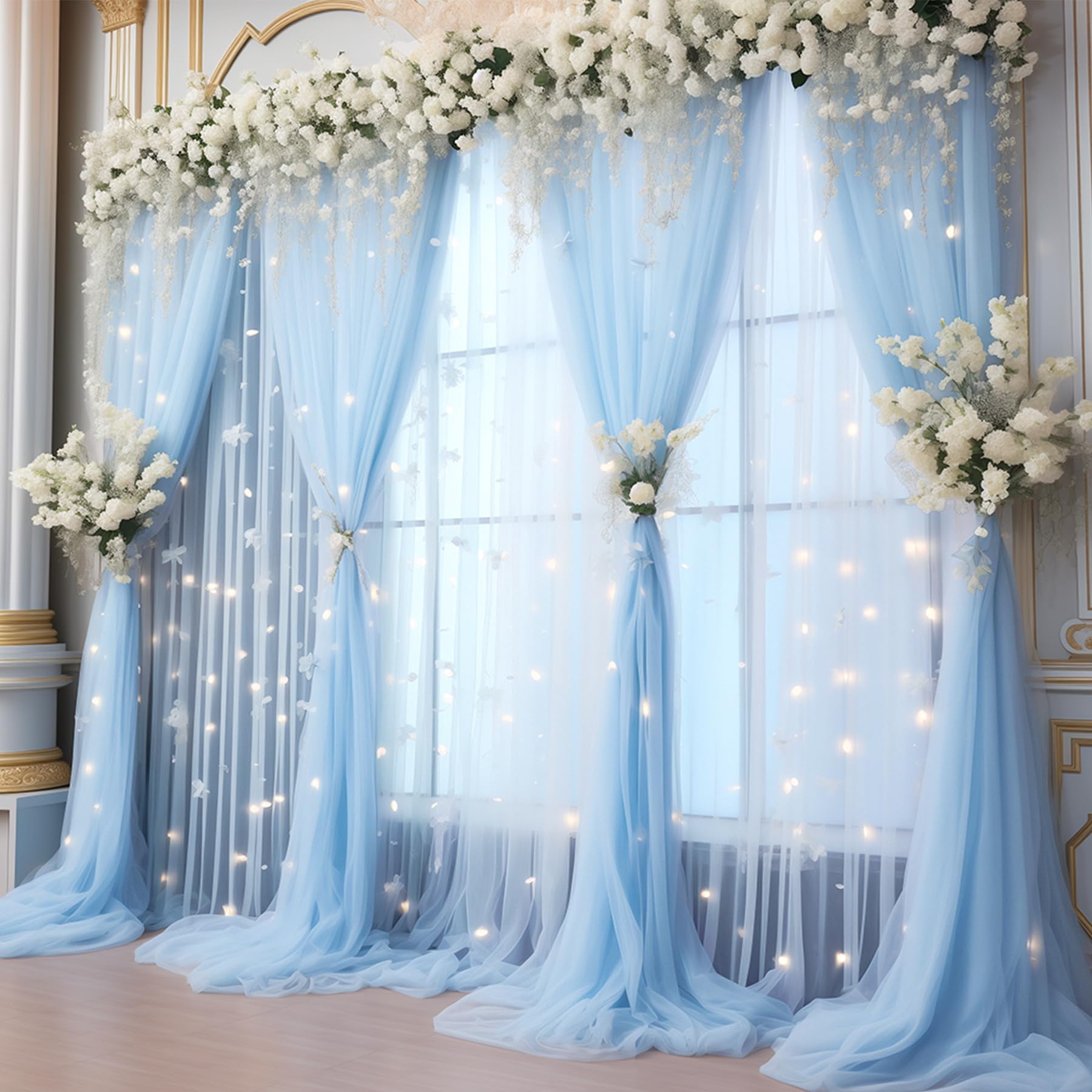 20x10ft Baby Blue Tulle Backdrop Curtain with Lights String for Parites, Sheer Photo Backdrop Curtains with Lights for Wedding Backdrop Ceremony Reception Bridal Shower Baby Shower Birthday Party