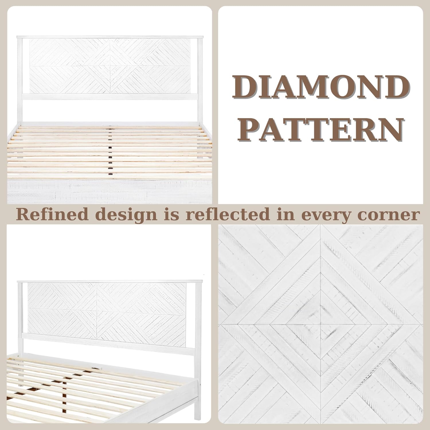Bme Ethan Solid Wood King Bed Frame with Diamond Headboard - Rustic & Mid-Century Modern - Acacia Wood Platform Bed - Compatible with All Mattresses - No Box Spring Needed - Rustic White