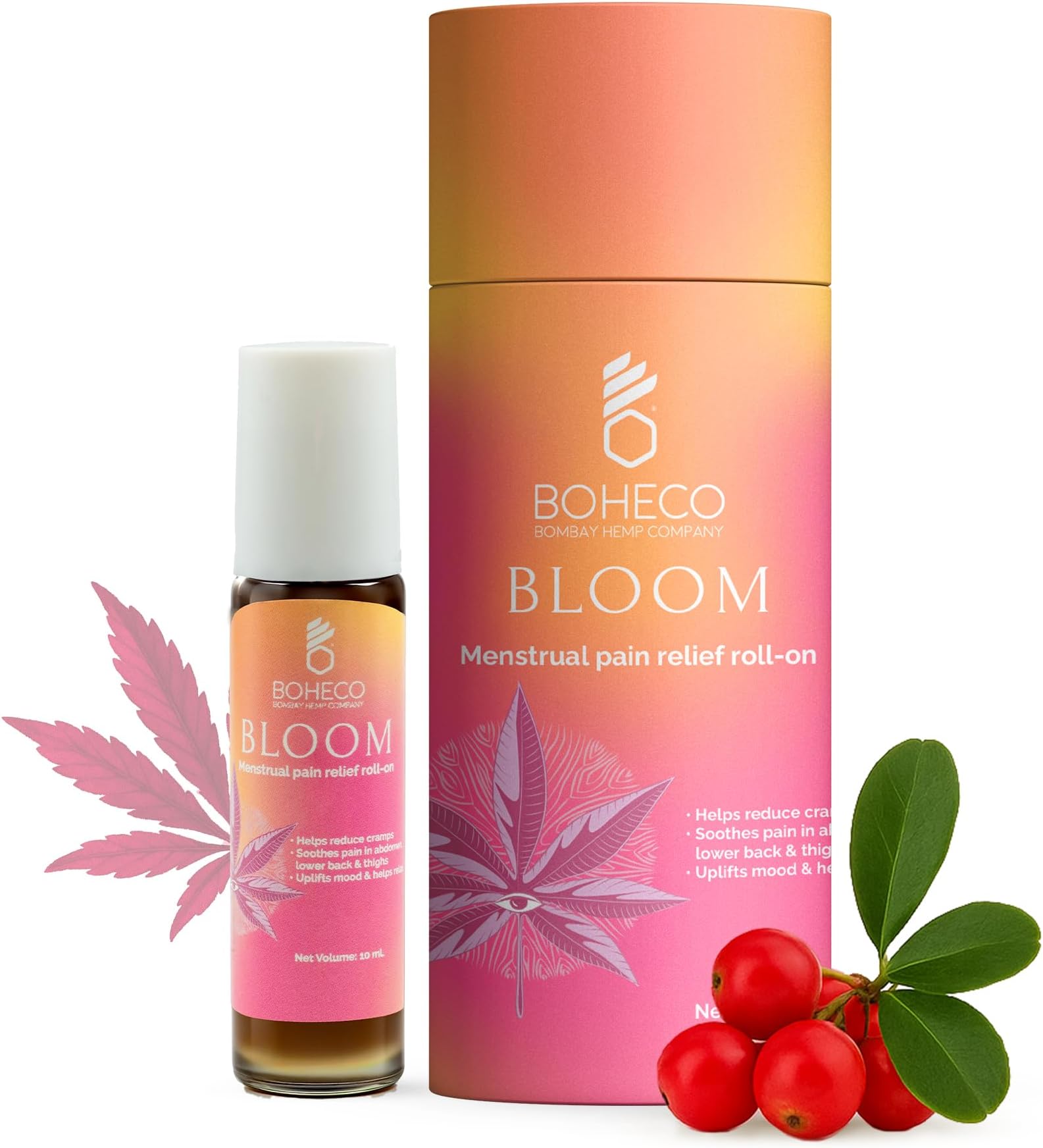 BOHECO Bloom Menstrual Pain Relief Roll-On, Ayurvedic Cramp Relief Oil with Vijaya Leaf Extract, Wintergreen and Mint, Travel-Friendly Roll-On for Period Pain, Fast-Acting, Stain-Free, 10 ml