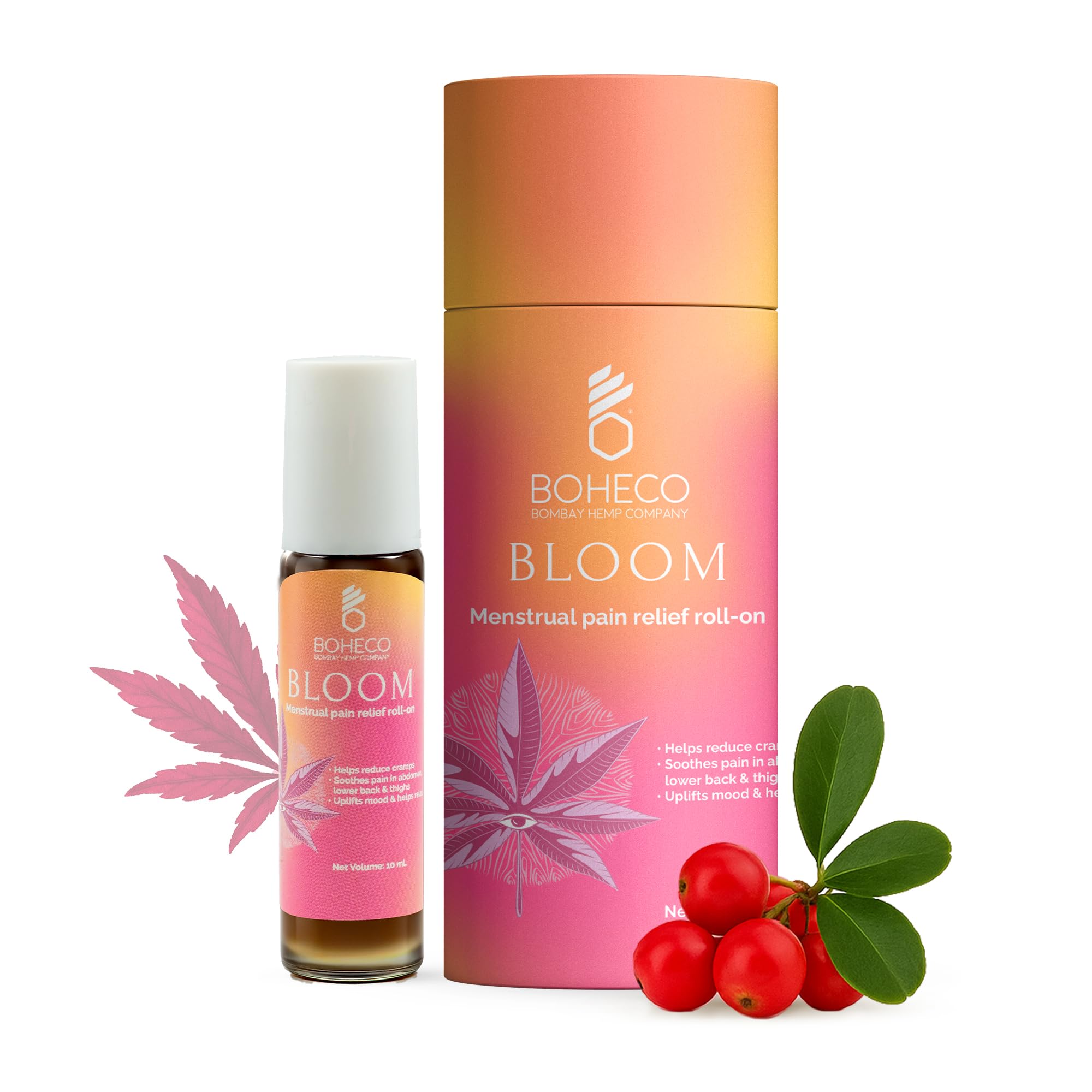 Bloom Menstrual Pain Relief Roll-On, Ayurvedic Cramp Relief Oil with Vijaya Leaf Extract, Wintergreen and Mint, Travel-Friendly Roll-On for Period Pain, Fast-Acting, Stain-Free, 10 ml