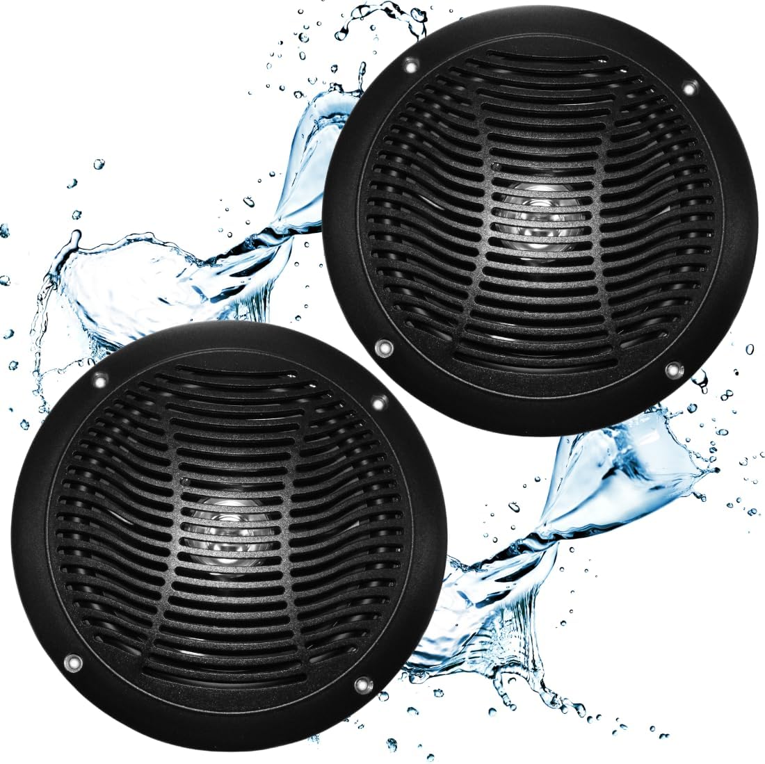 PQN Audio RV610-4BK 5 Inch Dual Cone Waterproof Marine Speakers for Boat, RV, Camper, Golf Cart - Wall, Floor, Ceiling Mount, Chemical & UV Resistant, 2 Pack, Black