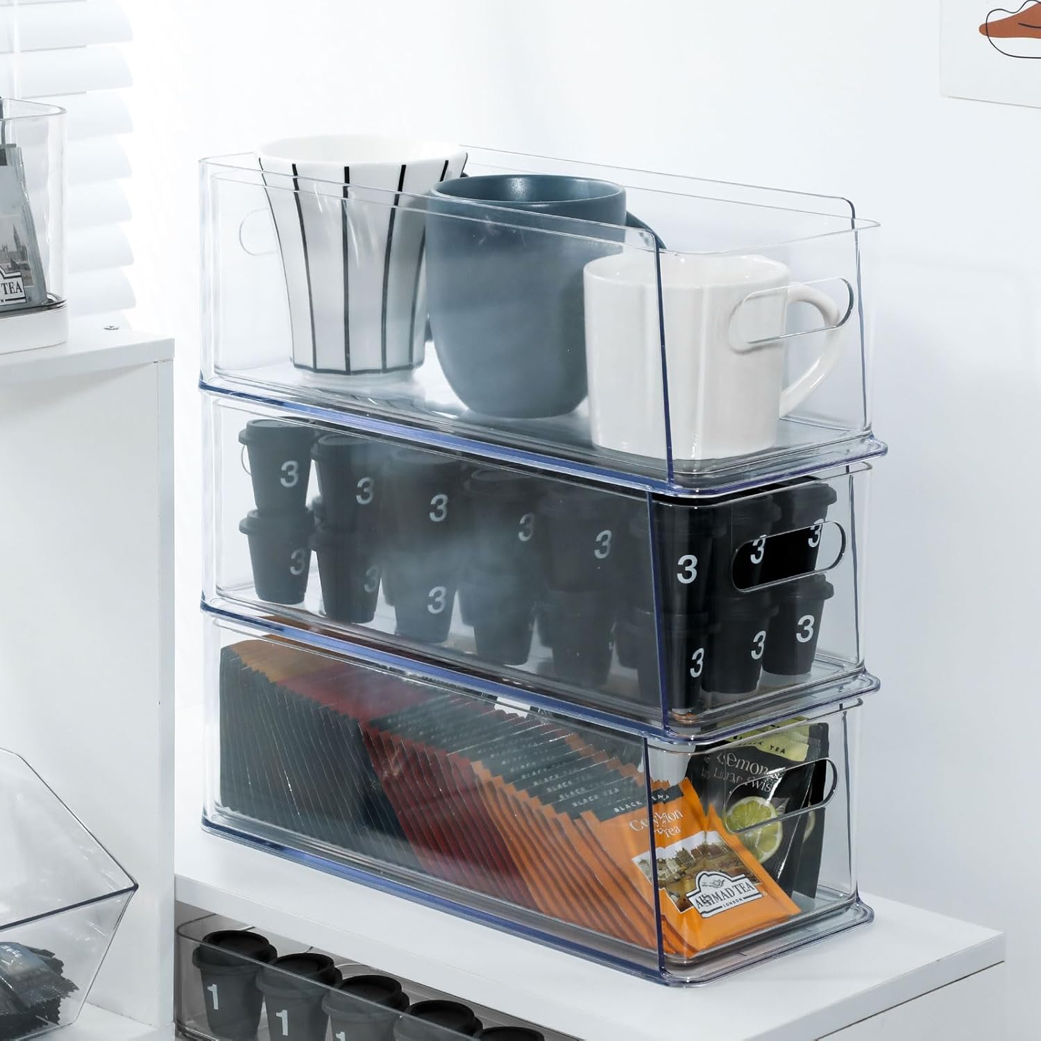 Clear Desk Organizer Drawer for Kitchen Pantry, 3 Tier Plastic Slim Storage Box for Narrow Corner, Coffee Bar Accessories, Stackable Bathroom Container for Countertop or Under Sink, Tall