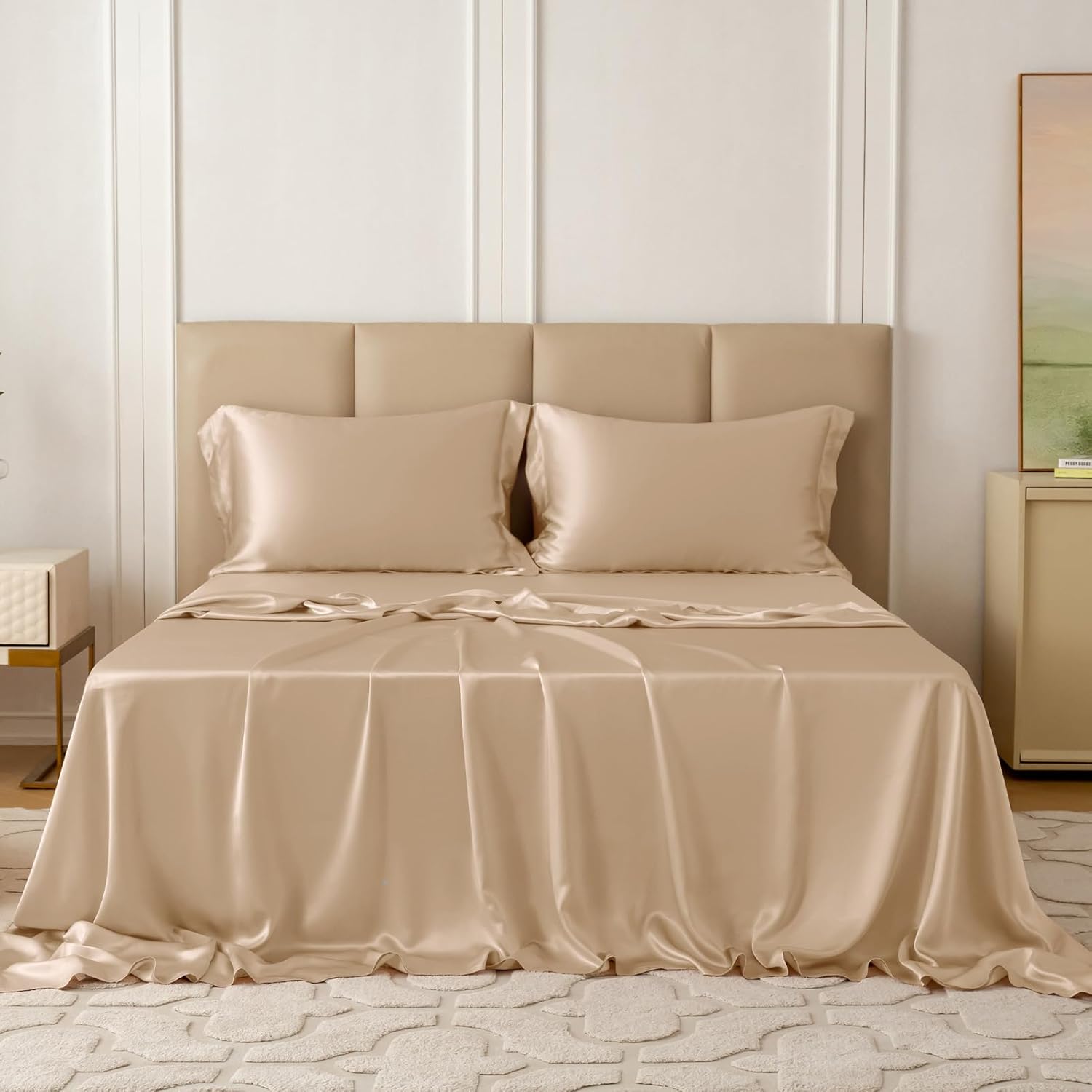 THXSILK Silk Sheet Set 4 Pcs, 22 Momme 100% Top Grade Natural Mulberry Silk Bed Sheets, Luxury Bedding Sets -Ultra Soft Durable, 1 Fitted Sheet, 1 Flat Sheet and 2 Pillow Shams (King, Champagne)