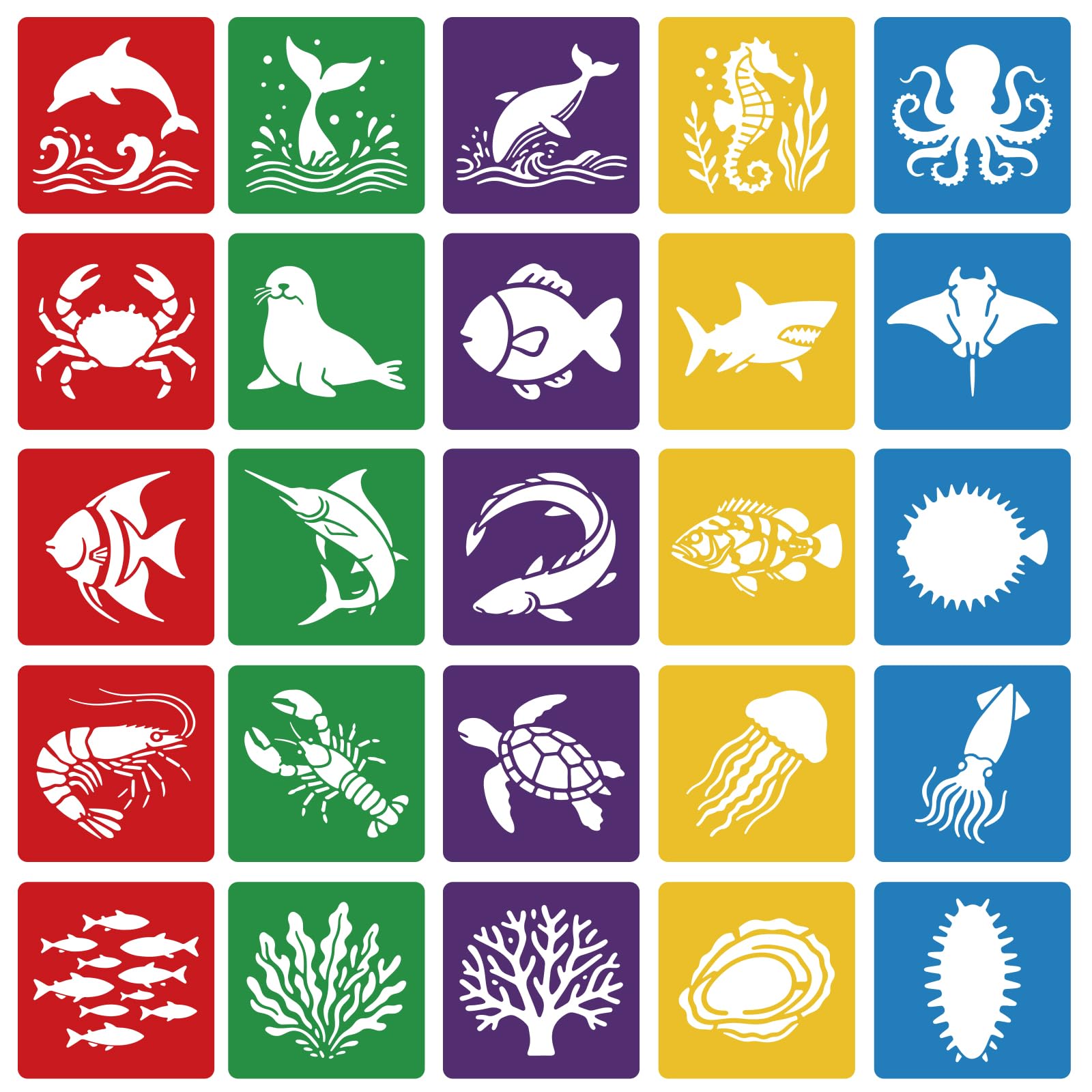 CUTHOLLOW 25PCS Marine Creatures Painting Shape Stencils Sets - 8 Inch Reusable&Washable Drawing Template, Different Primary Themed Sidewalk Chalk Art Stencils Kit for Craft Room Wall Paper