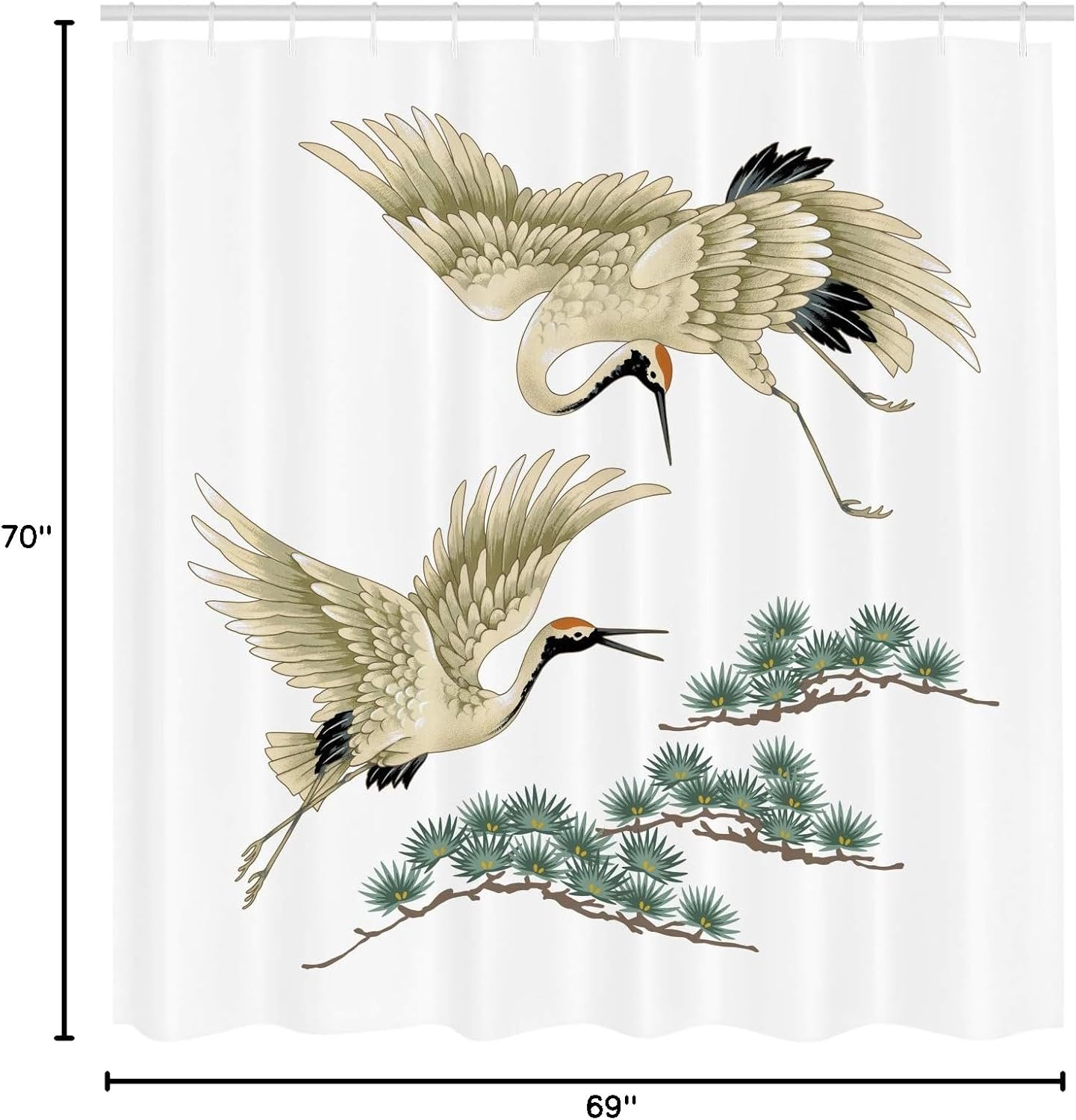 Lunarable Bird Shower Curtain, 2 Japanese Cranes Flying Traditional Painting Style Far Eastern Illustration, Cloth Fabric Bathroom Decor Set with Hooks, 69" W x 70" L, Ivory Green Black