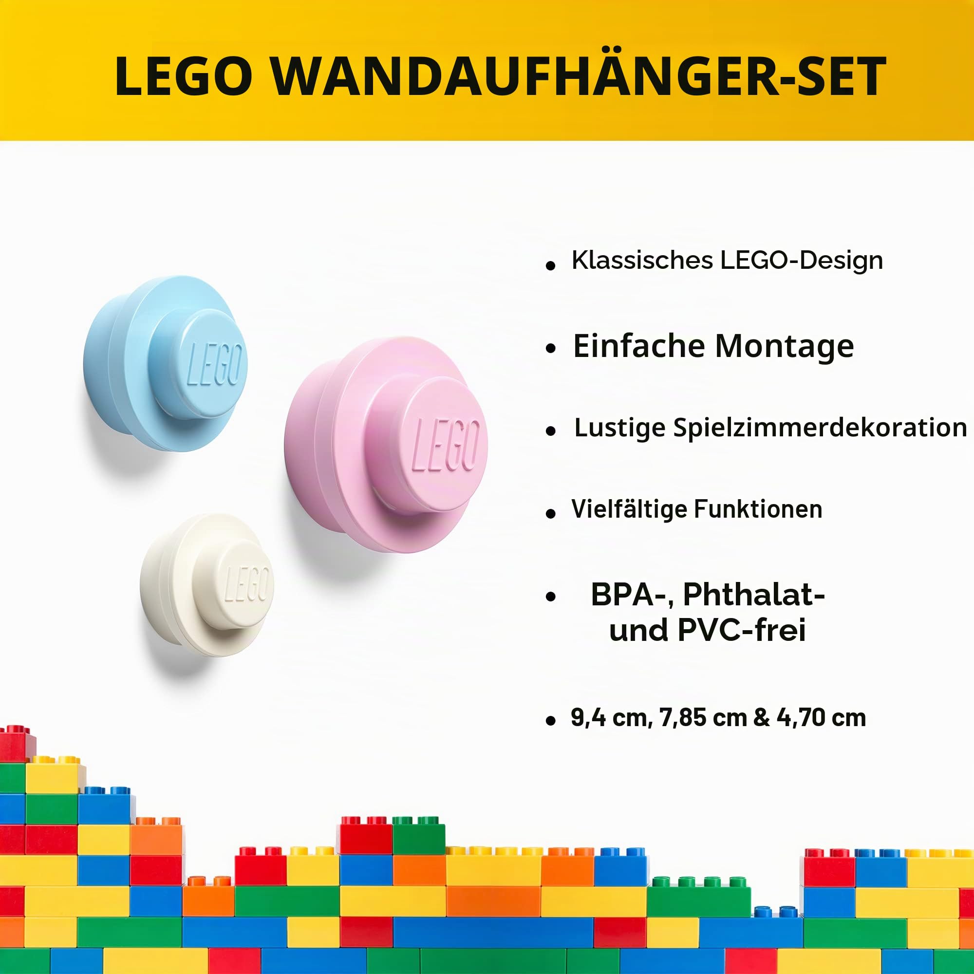 LEGO Room Copenhagen Wandhaken, 3 Stück (weiß, hellblau, rosa)