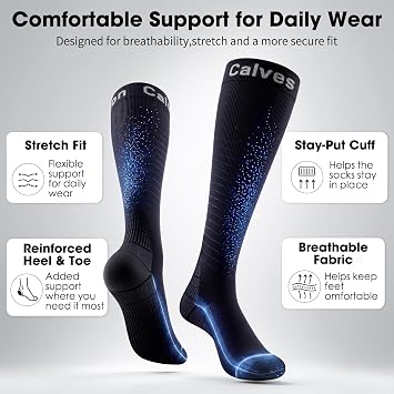 2 Pairs Compression Socks for Women and Men, 20-30 mmHg Flight Socks | Knee High Fit, Breathable Fabric, for Nurses, Travel, Pregnancy and Everyday Support
