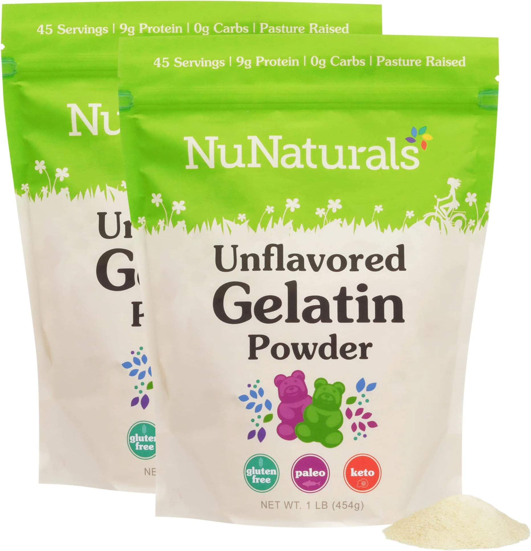 NuNaturals Unflavored Beef Gelatin Powder, Pasture Raised, 1 lb (2-Pack)