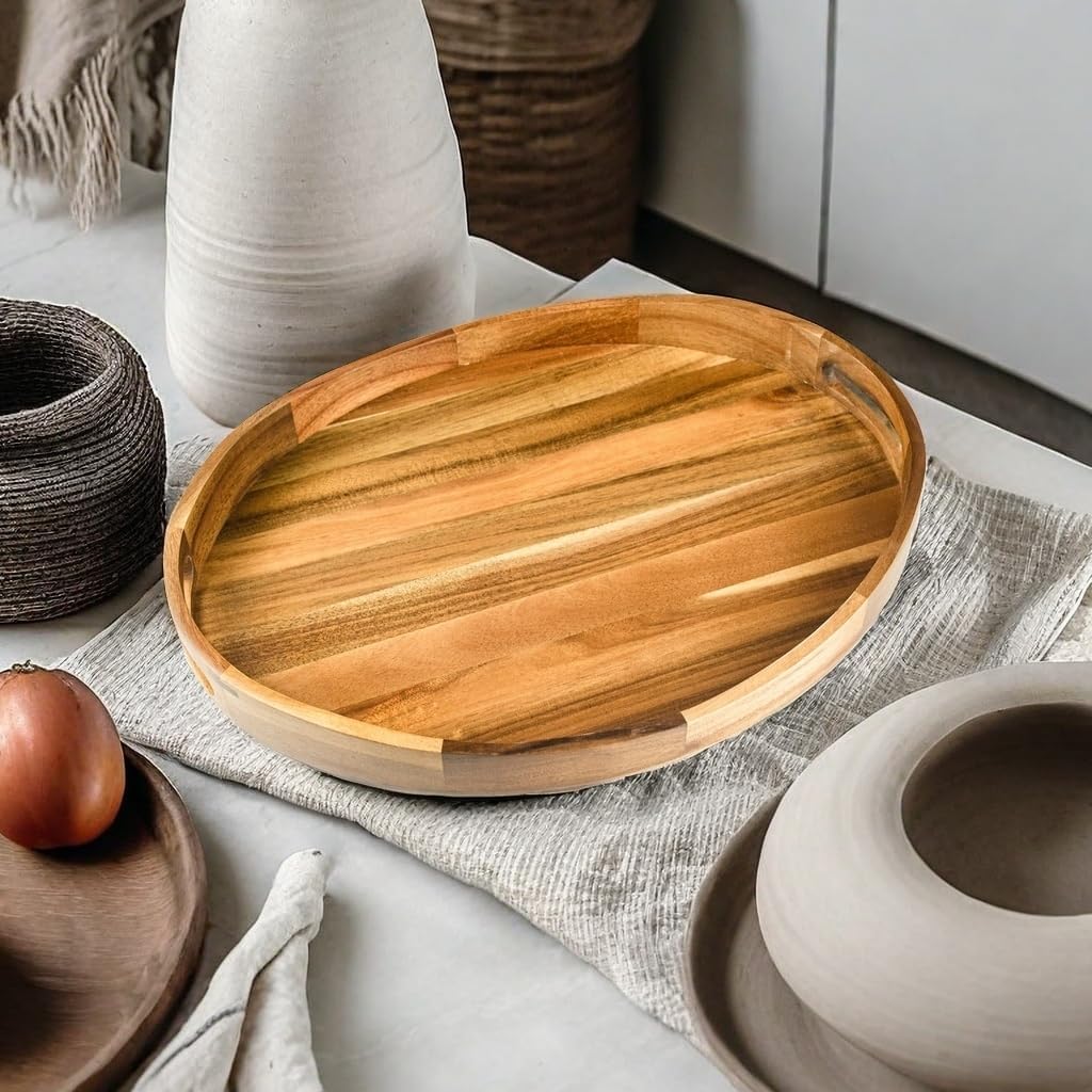 Acacia Wood Serving Tray for Ottoman - Large, Decorative Table Tray for Living Room, Coffee Table, Breakfast in Bed, Candle & Flower Display, Desktop Organizer, 17"x13" Round