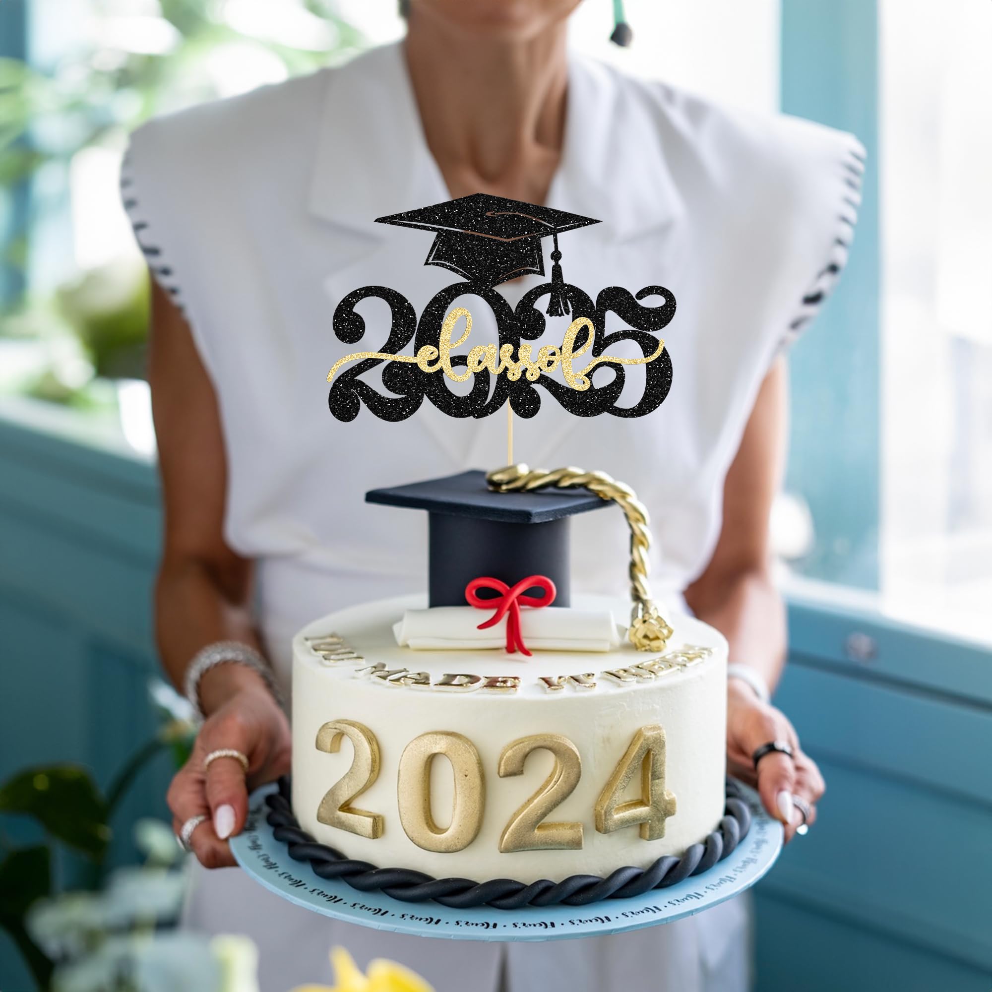Gyufise 1Pcs Class of 2026 Cake Topper Glitter Congrats Grad Cap 2026 Graduation Cake Pick for 2026 Graduation Theme High School Boys Girls Graduate Party Cake Decorations Supplies Gold - Image 4