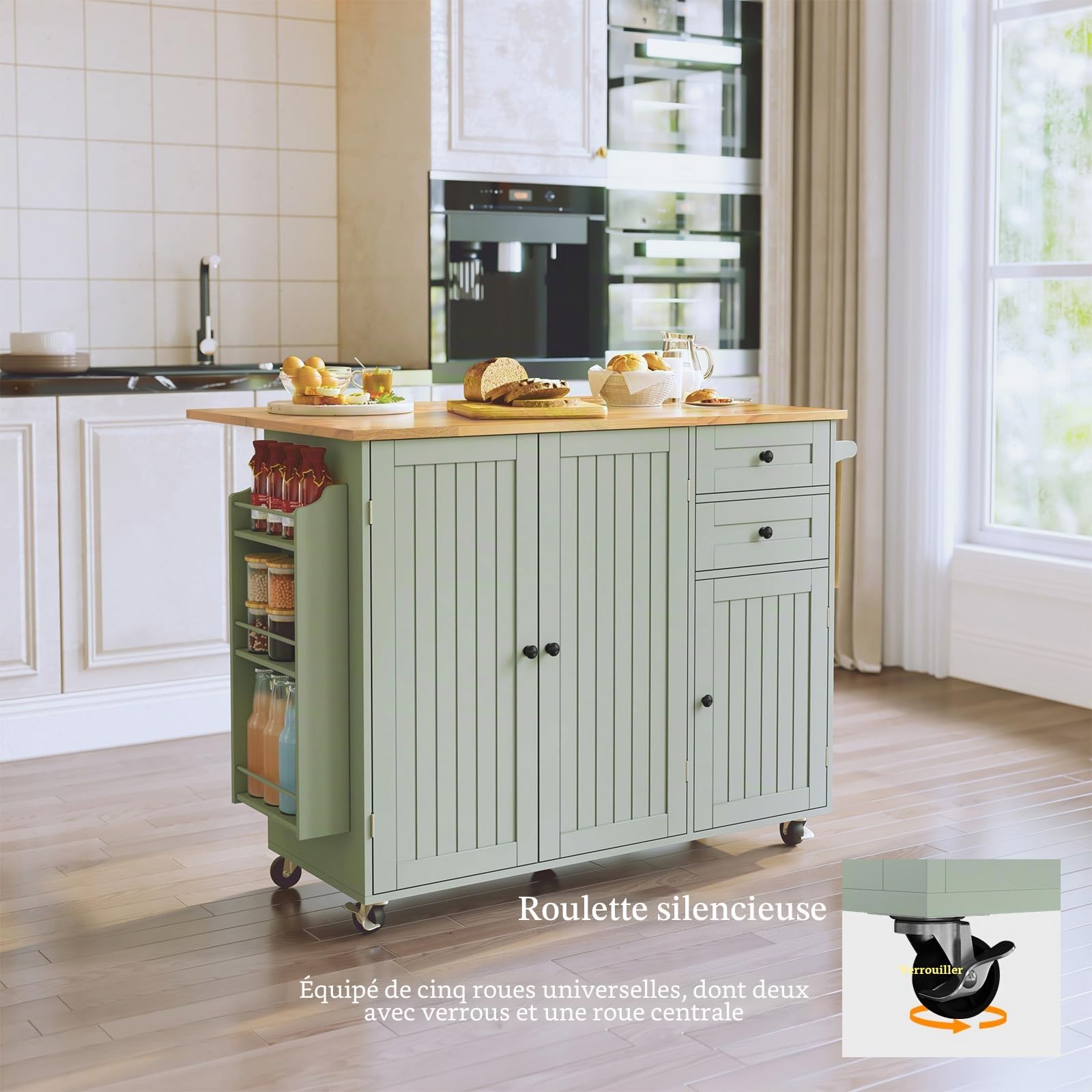 HOLTICO Îlot Central de Cuisine Mobile avec Plan de Travail Pliable, Desserte de Cuisine à roulettes avec Rangement à Épices, 2 Tiroirs et Étagères Réglables, Meuble de Cuisine, 128x46x91 cm, Vert
