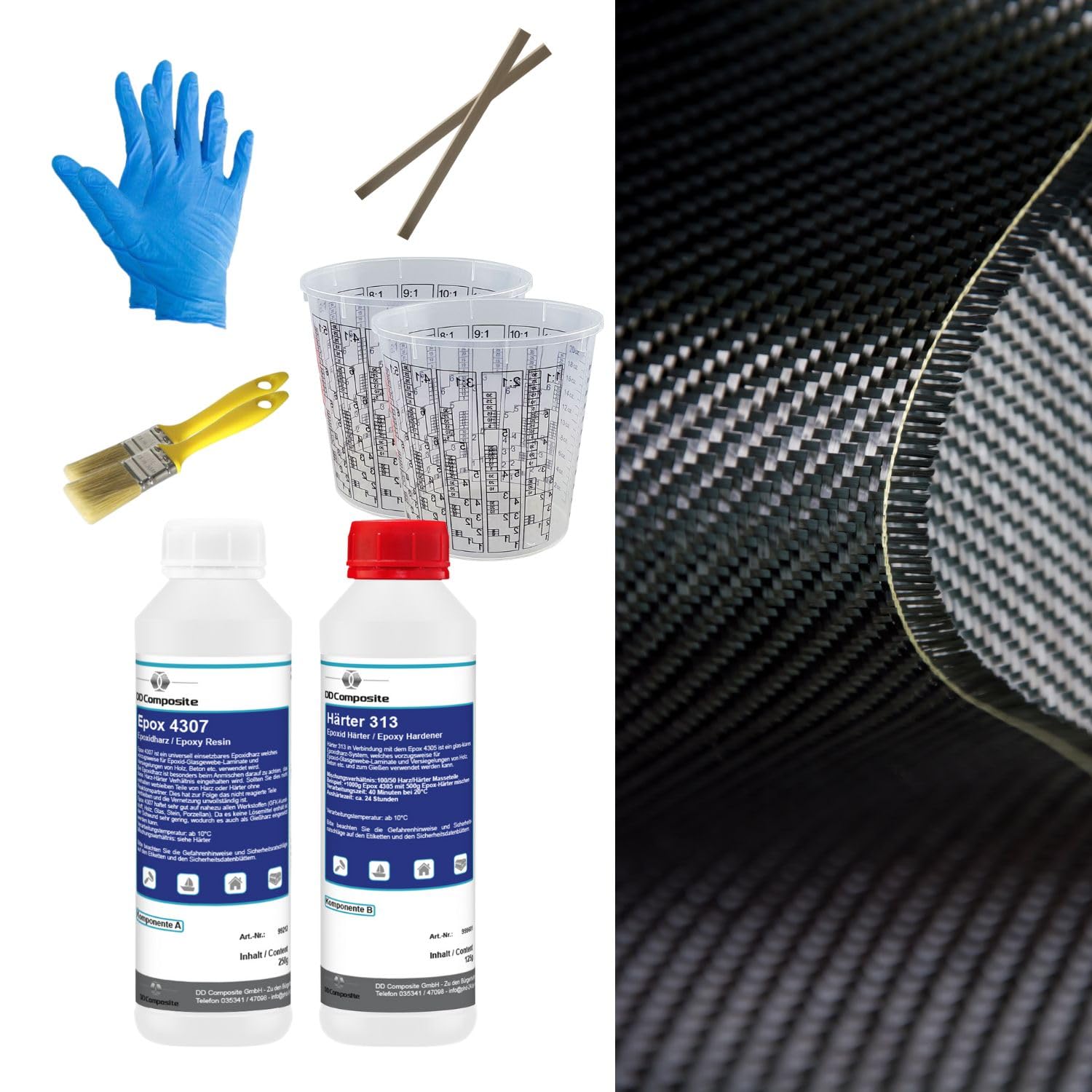 DD Composite Carbon Komplett-Set 1,0m² Köper Epoxidharz transparent Carbongewebe Top Qualität einzigartige Optik individuelles Design echte Kohlefaser