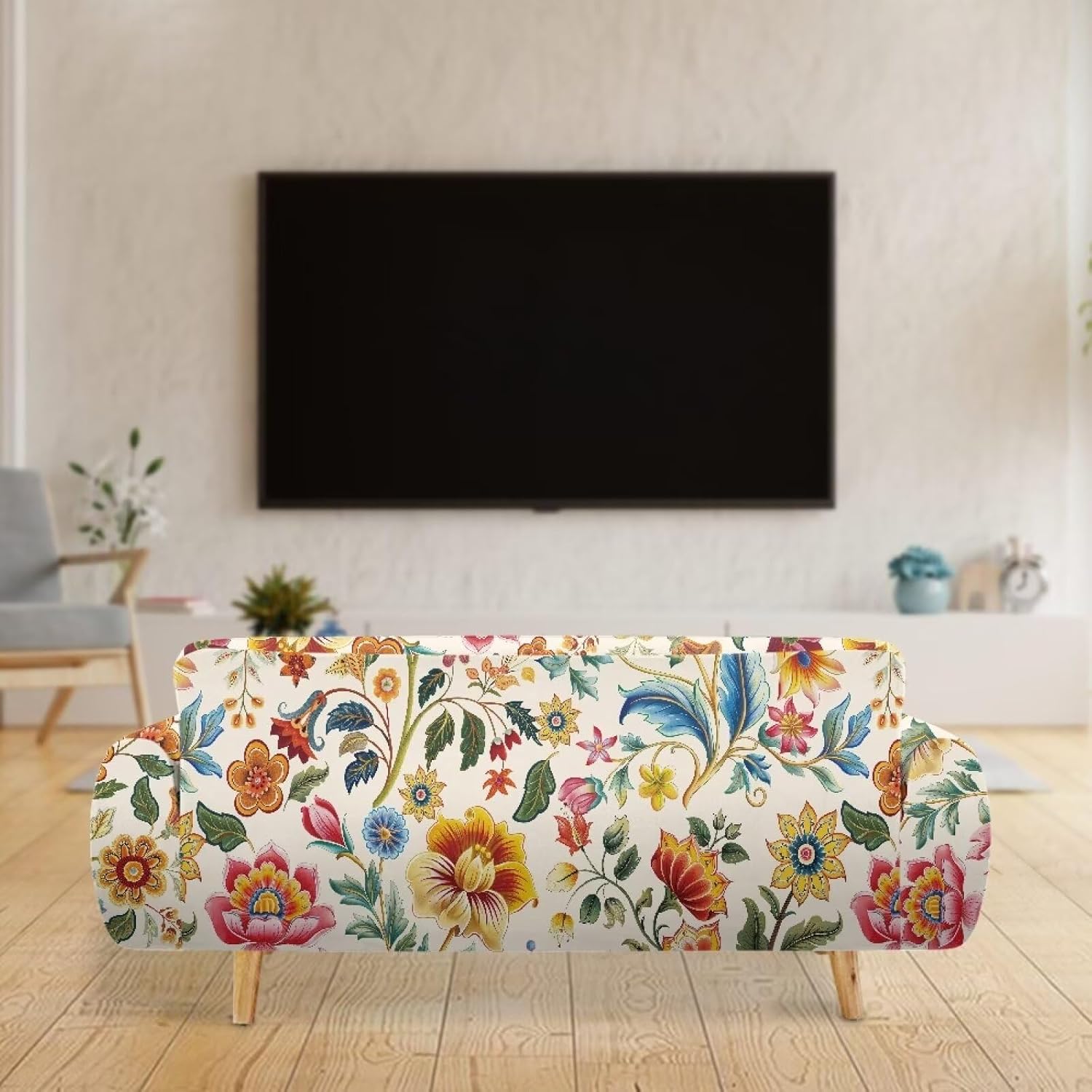 FKELYI Boho Floral Stretch Sofa Slipcover One Piece Soft Cushion Couch Cover Non Slip Sofa Cover Washable Furniture Protector with Elastic Bottom XL