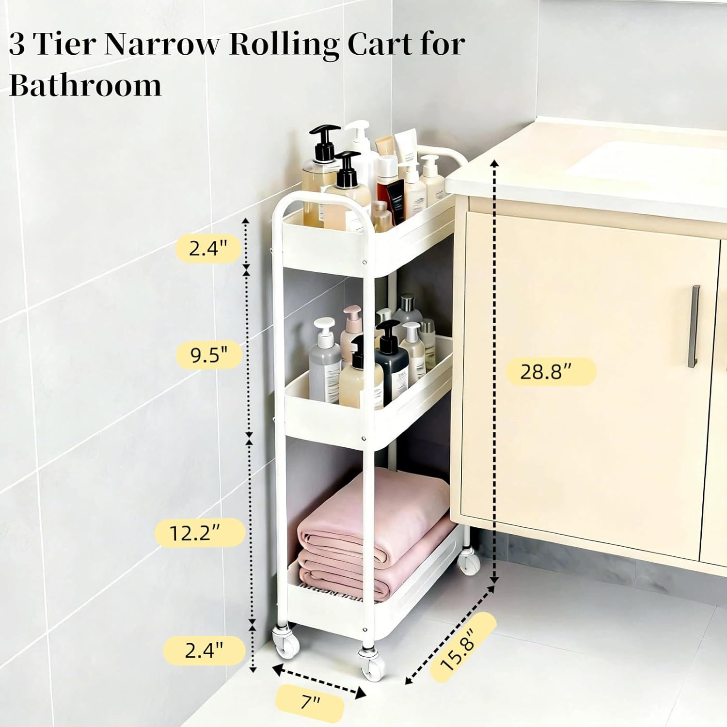 3 Tier Narrow Rolling Storage Cart for Laundry Room Bathroom Kitchen, 7.1'' Slim Utility Cart with Wheels and Lockable Casters Standing Shelf for Small Space & Between Washer and Dryer, White