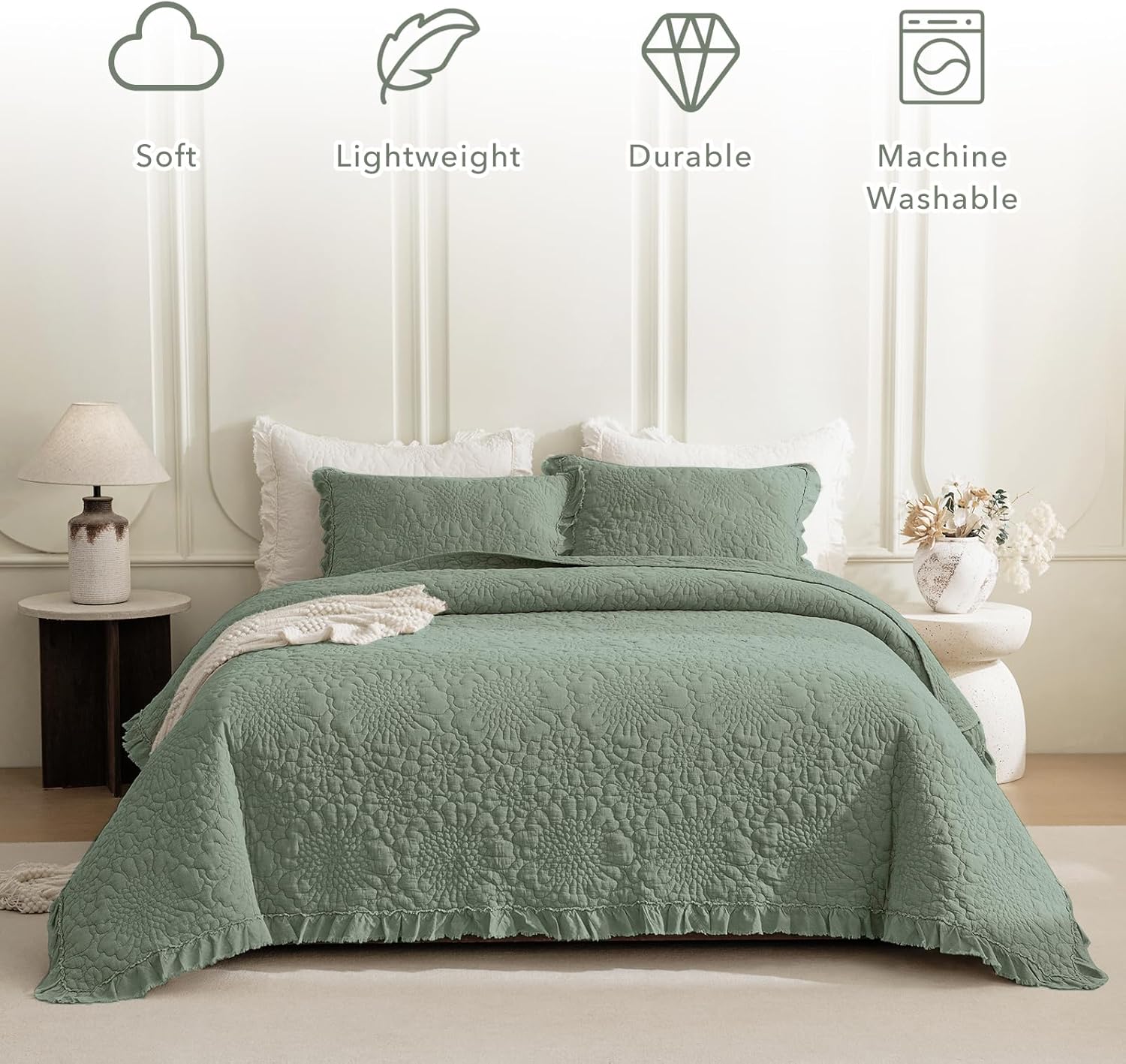 QSH Green Stonewashed Cotton Oversized King Quilt Bedspread Set(128x120),3PCs Farmhouse Ruffled Bedspread California King,Ultra Soft Lightweight Crinkled Quilt Coverlet Set with Pillow Shams