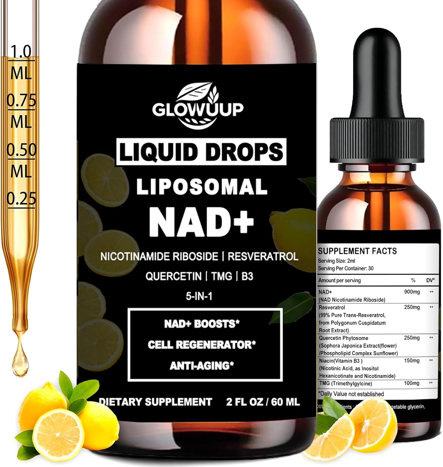 NAD Supplements for Women & Men, Liposomal NAD Nicotinamide Riboside Resveratrol 900mg w. B3 Vitamin Quercetin TMG, Liquid Resveratrol NAD Plus Supplement for Anti-Aging Energy Focus Longevity