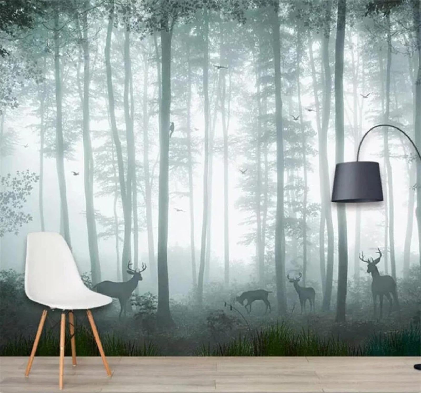 XLMING Abstract Dreamlike Moose Forest Birds 3D Wallpaper Silky Texture Home Study Office Grey Dining Room Sofa Bedroom Living Room TV Backdrop-400cm×280cm