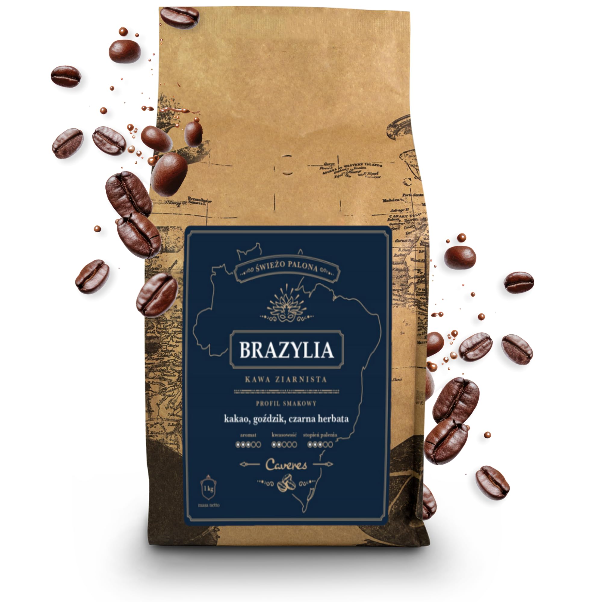 Caveres Brazylia 50/50 Kawa Ziarnista 1 kg – Blend Arabica i Robusta – Świeżo Palona do Ekspresu Automatycznego i Kolbowego– Intensywny Smak – Nuty Kakao, Goździków i Czarnej Herbaty