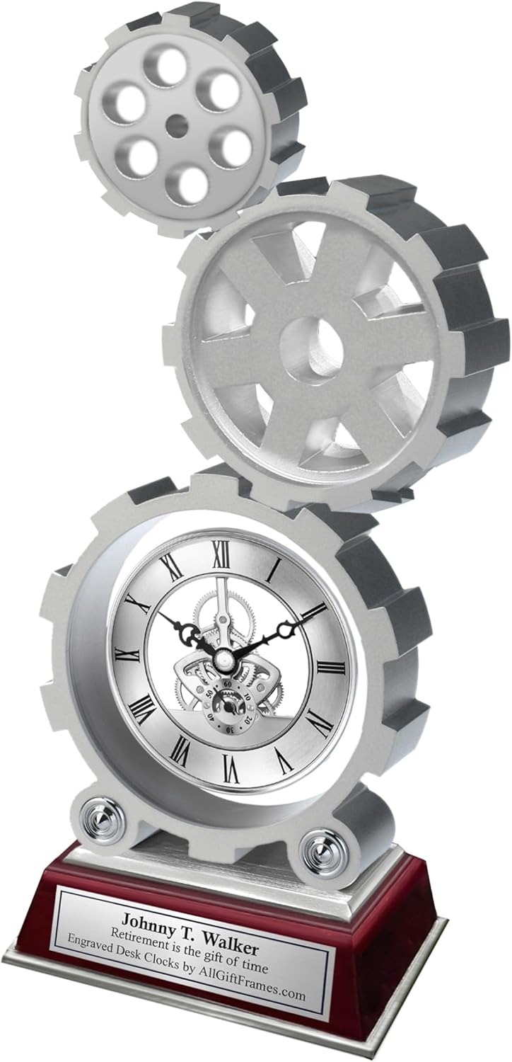 AllGiftFrames Gear Desk Clock with Silver Engraving Plate and Optional Photo Picture Frame. Great Engineering Gift Engineers, Graduation and Retirement Awards