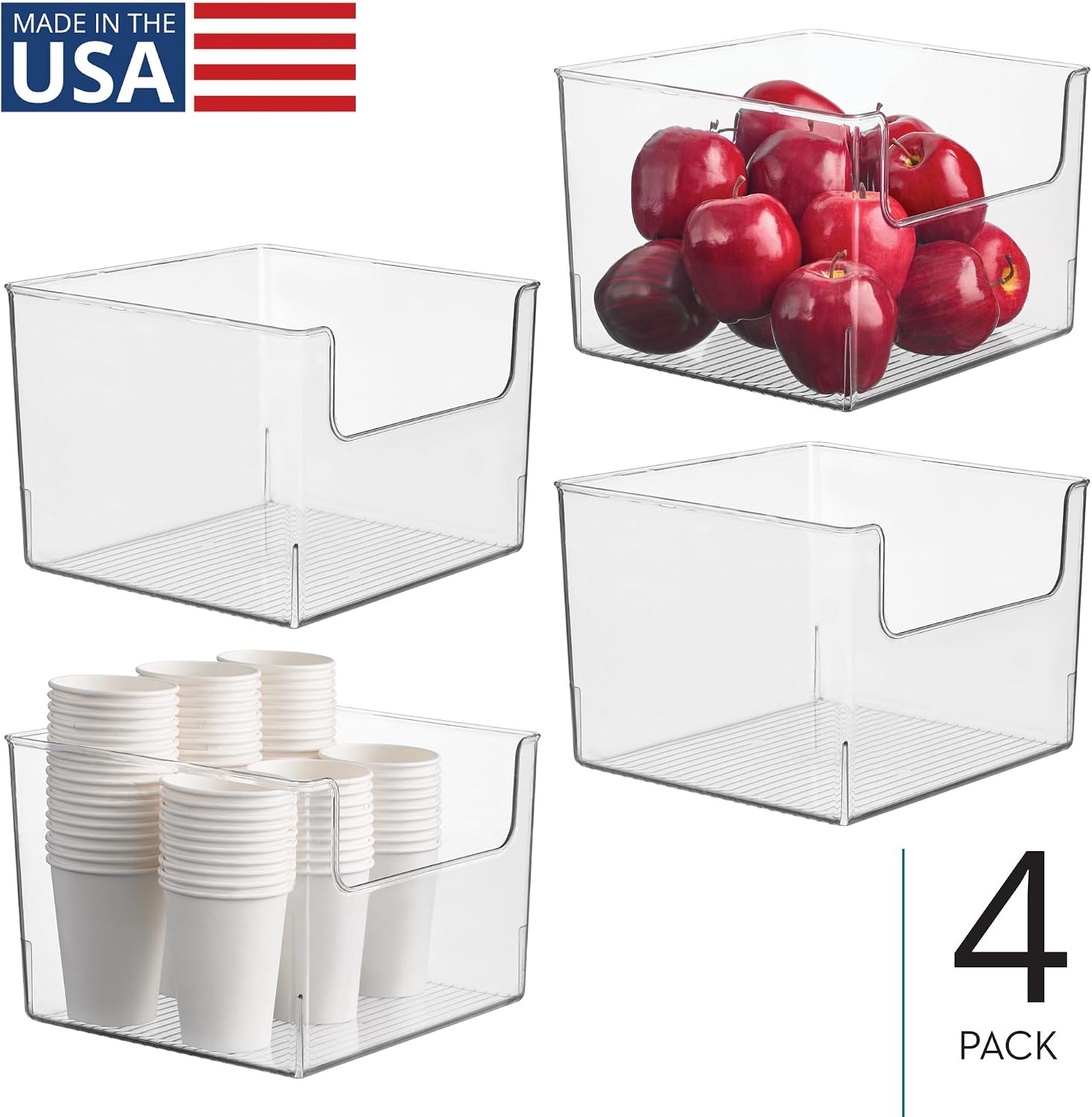 iDesign Open-Front Storage Bin, Set of 4, Clear | For Kitchen, Pantry, Bathroom, Office, Made in USA