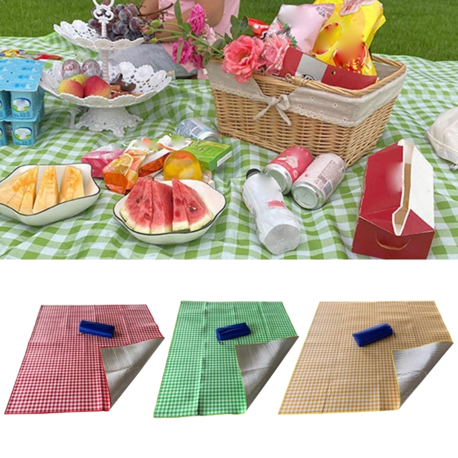 Folia aluminiowa + koc piknikowy z bawełny perłowej | Wielokolorowy 2 x 2 m / 6,56 x 6,56 ft Na piknik, kemping, plażę, podróże i koncerty(Green)