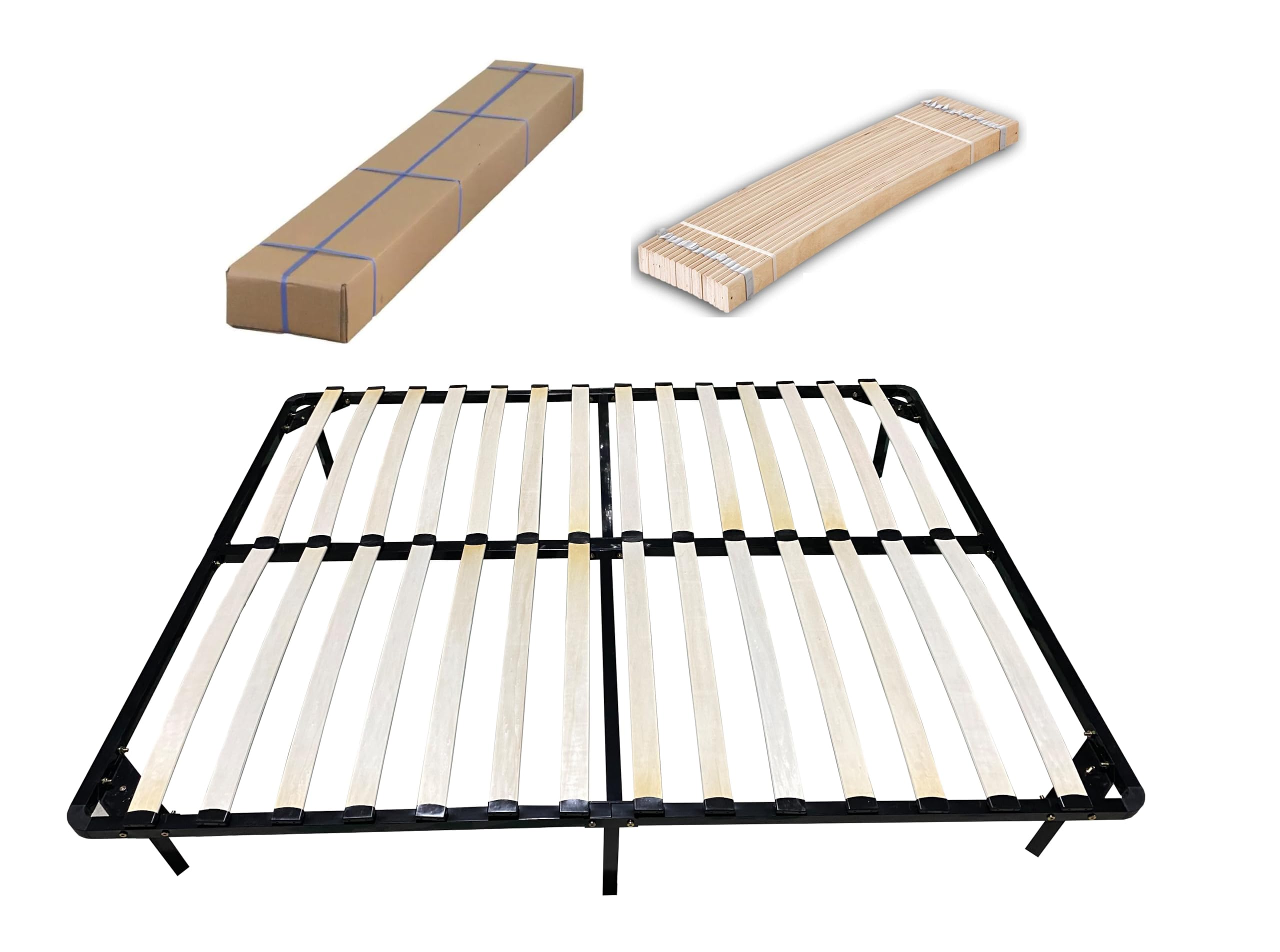 Sommier 140x190 avec Pieds avec Lattes Bois et Structure Metal