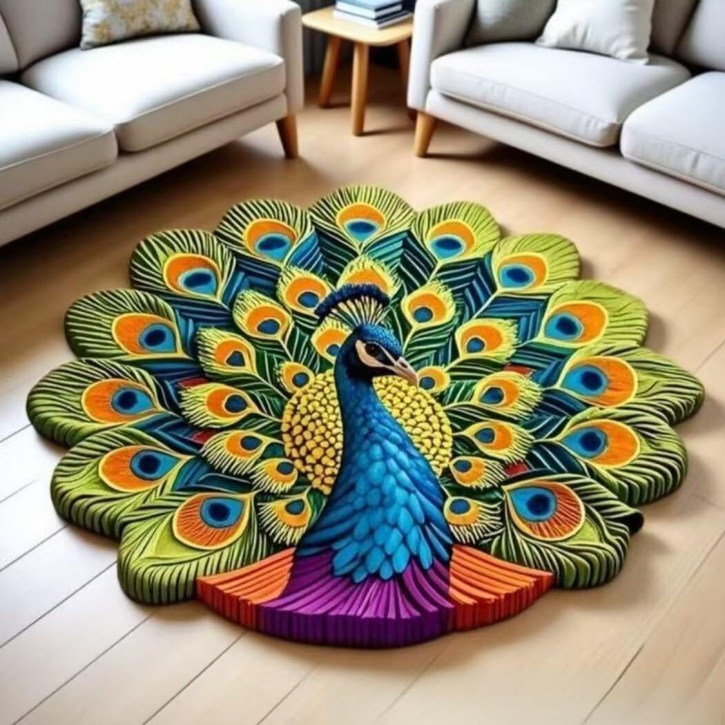 Tapis chambre ado moderne paon jaune vert 300x400cm lavable et antidérapant