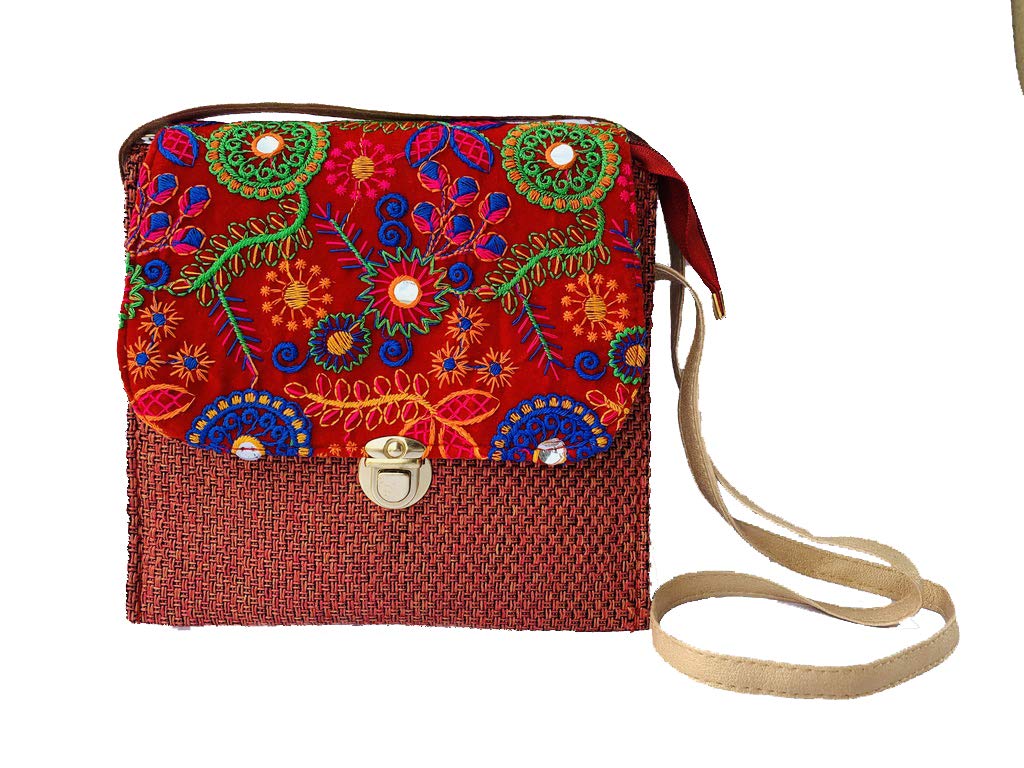 Sanjis Enterprise Women's Embroidered Handmade Purse/Crossbody Banjara Fold over Clutch-Sling Bag (Red)