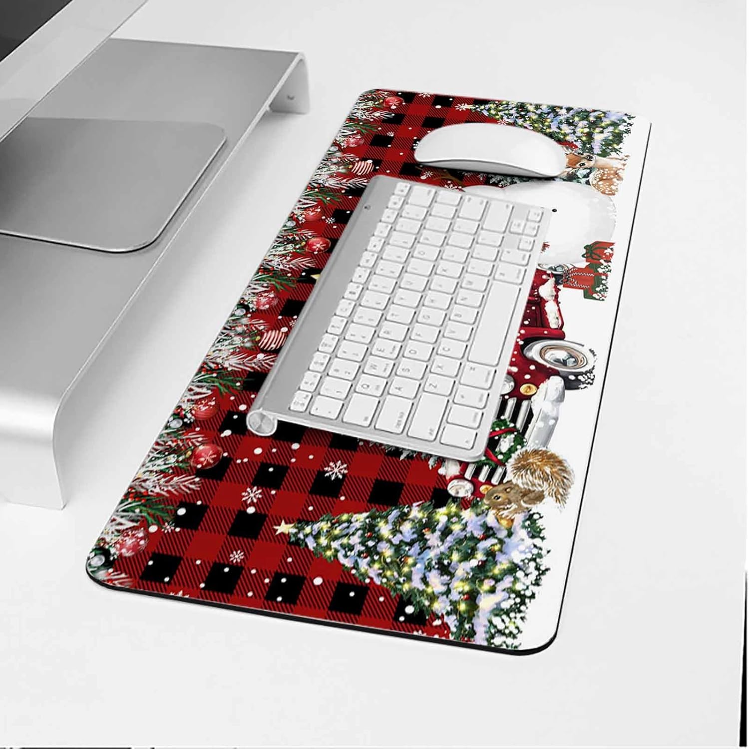 Oversized Gaming Mouse Pad Snowman Christmas Trees Pine Leaves Plaid Desk Mat for Home Office Extended XXL Computer Mouse Pad with Non-Slip Backing for Laptop Desktop Keyboard 35 x 15 Inches
