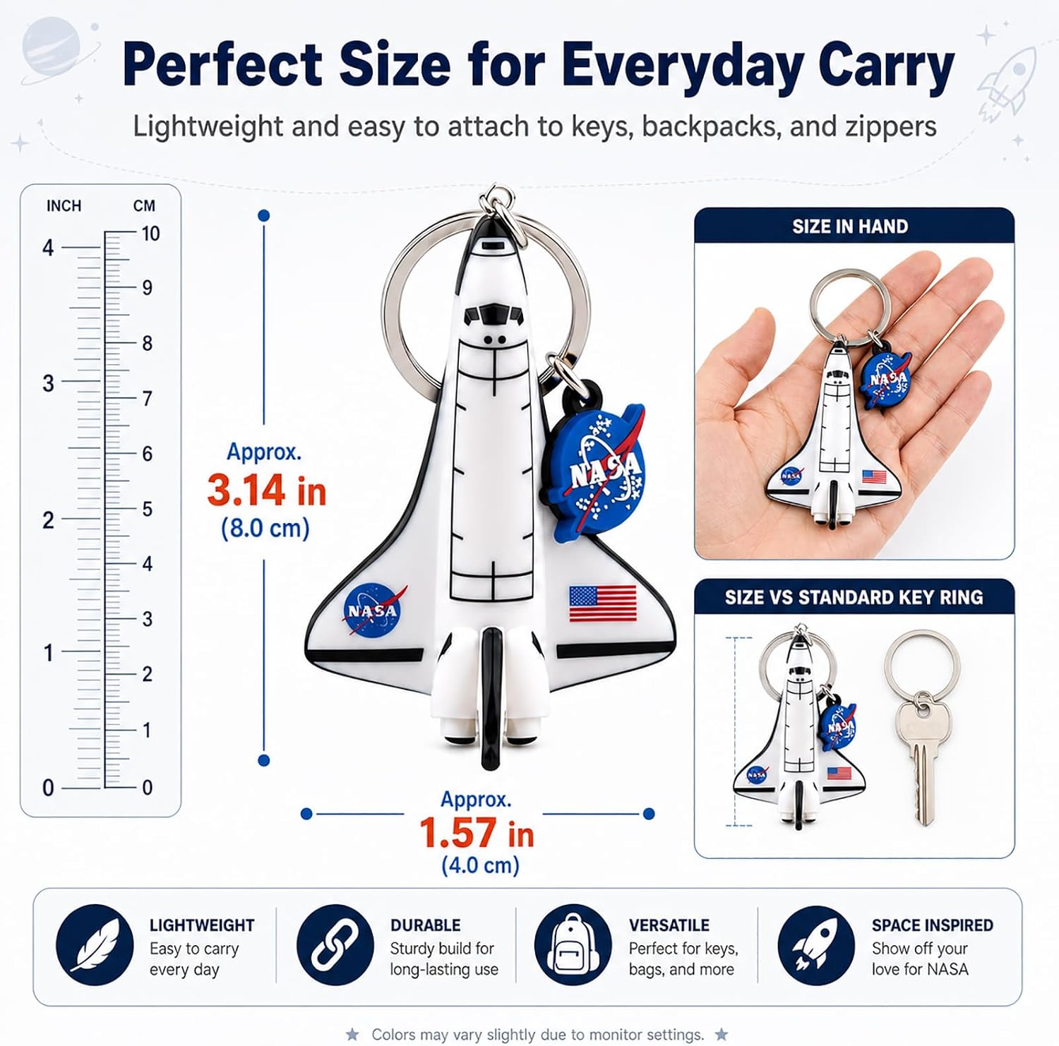4 Pack NASA Space Shuttle Keychains, 3D Soft PVC Backpack Charms, Shuttle Zipper Pulls, Space Party, Science Gifts for Kids, Teens, Students, Space Lovers, funny text on shuttle Blind Random Picks