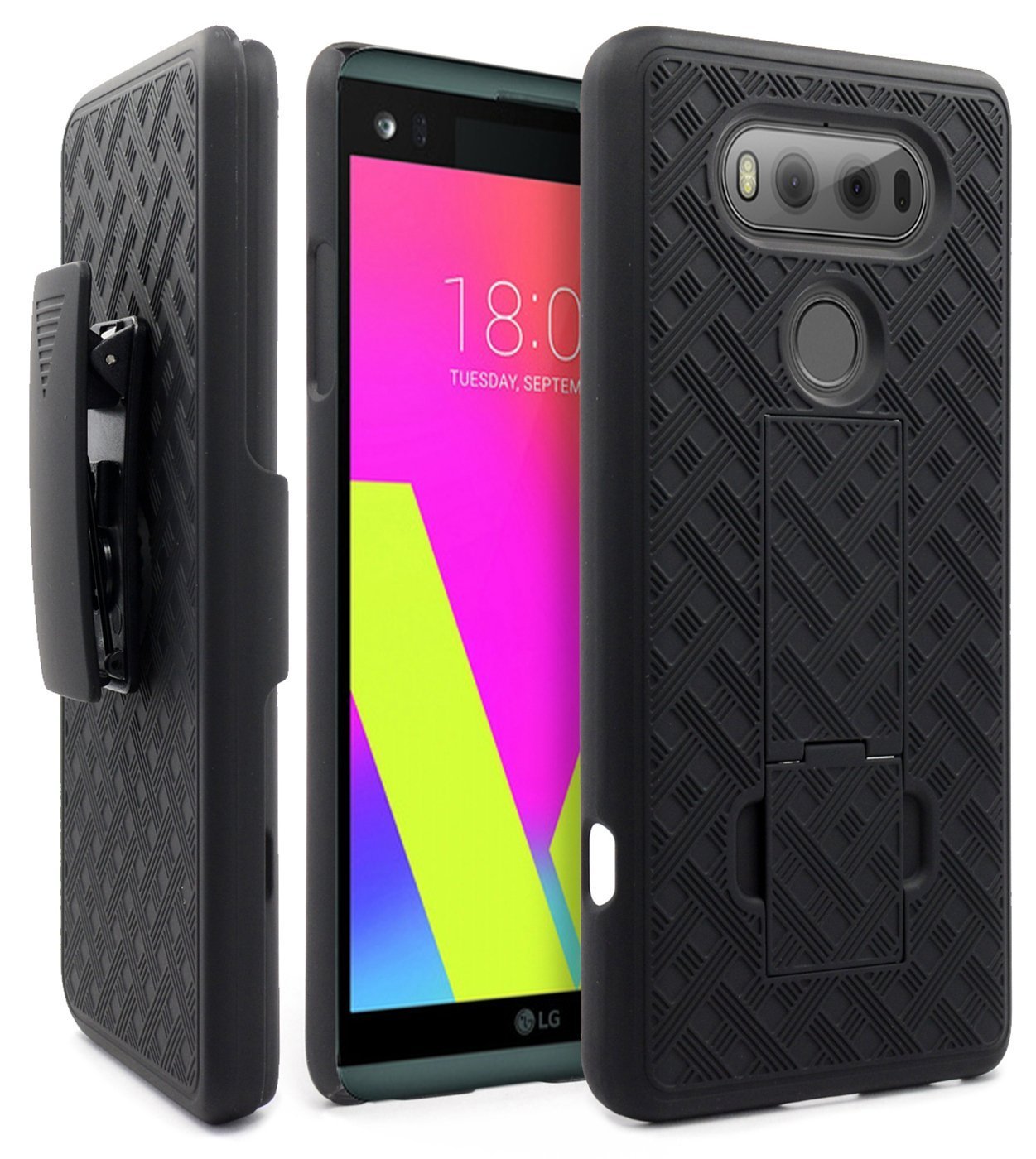 V5/ LV5 / K10 2017 Case, Belt Clip Holster Cover Shell Kickstand Criss Cross Black New Plaid Design compatible with LG LV5,K20V