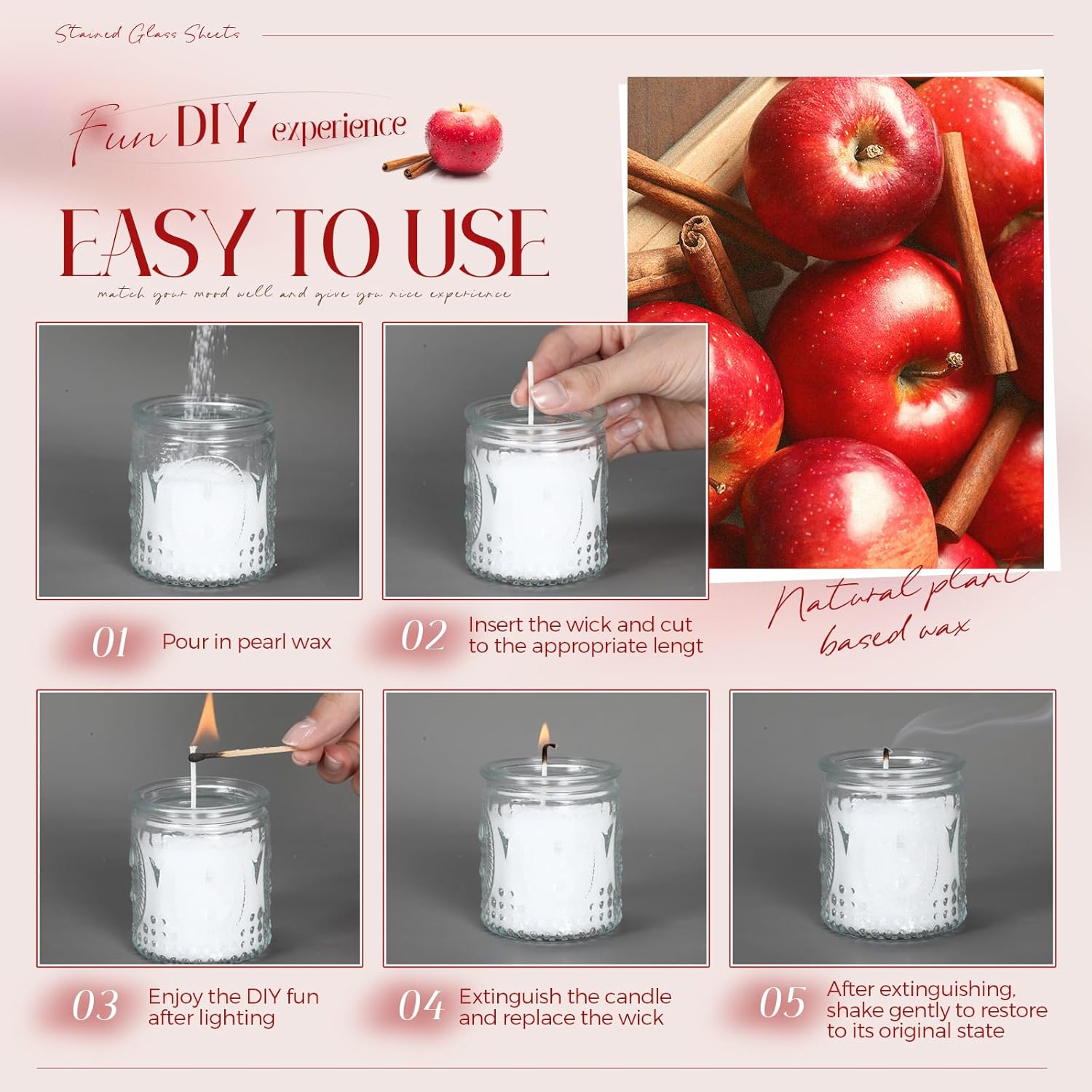MTLEE Pearled Candle 2.2 Lb/35oz Mother's Day Mom Gifts Scented Sand Candle Kit Include 50 Wicks, Bow Gift Box, Spoon Reusable Pearled Wax for DIY Home Kit(Apple Cinnamon)