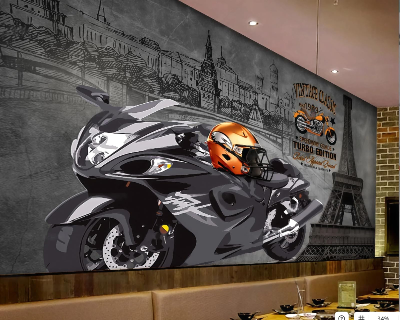 XDOUBAO Wallpaper Retro Nostalgic Cement Wall Motorcycle City Silhouette Dining Afternoon Tea Western Restaurant Background Wall Wallpaper Coffee Shop Mural,3D,250x175cm