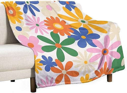 Miniatura 177 de Manta de tiro floral retro de los años 70, estilo bohemio, ondulado, geométrico, hippie, lindas flores, amarillo y naranja, manta con estampado