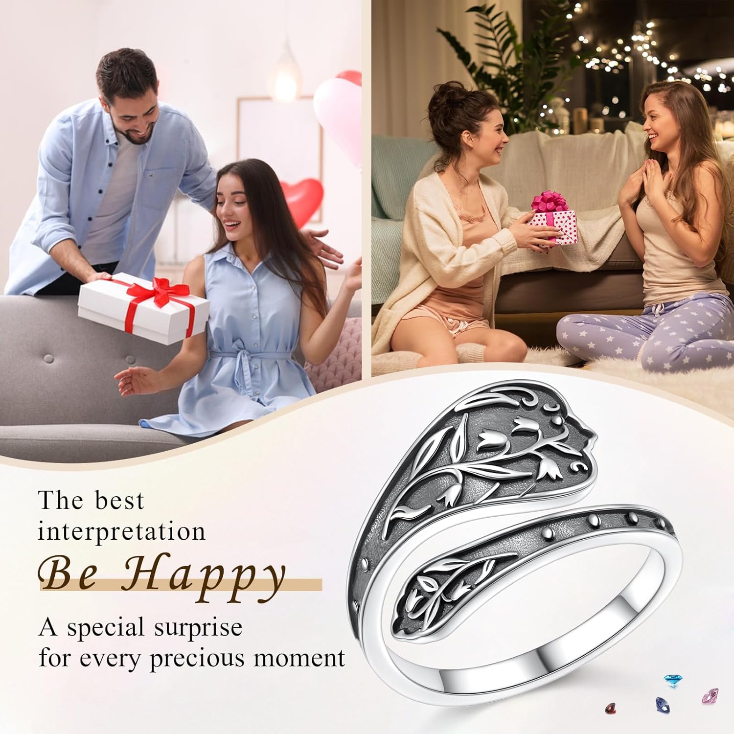 925 Sterling Silver Hummingbird/Sunflower Turquoise/Moonstone/Lily of the Valley Flower Spoon Ring Adjustable Open Ring Statement Thumb Ring Jewelry for Women - Image 6