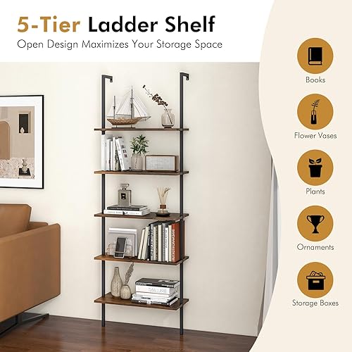 Miniatura 4 de Giantex Estantería moderna de 5 niveles para montar en la pared, color marrón rústico, estantería industrial de madera de 71 pulgadas con marco de