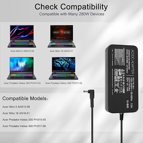 Miniatura 3 de Cargador de portátil de 280 W para Acer Predator Helios 300 PH317-56 PH315-55 Acer Nitro 5 AN515-46 AN515-58 Acer Nitro 16 AN16-51 adaptador de CA